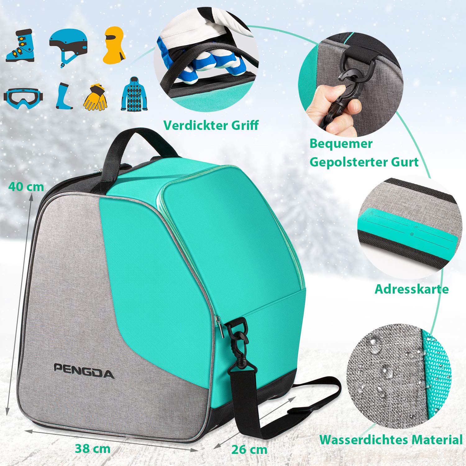 PENGDA Borsa per scarponi da sci extra large con scomparto per casco per giacca, casco, occhiali di protezione, guanti
