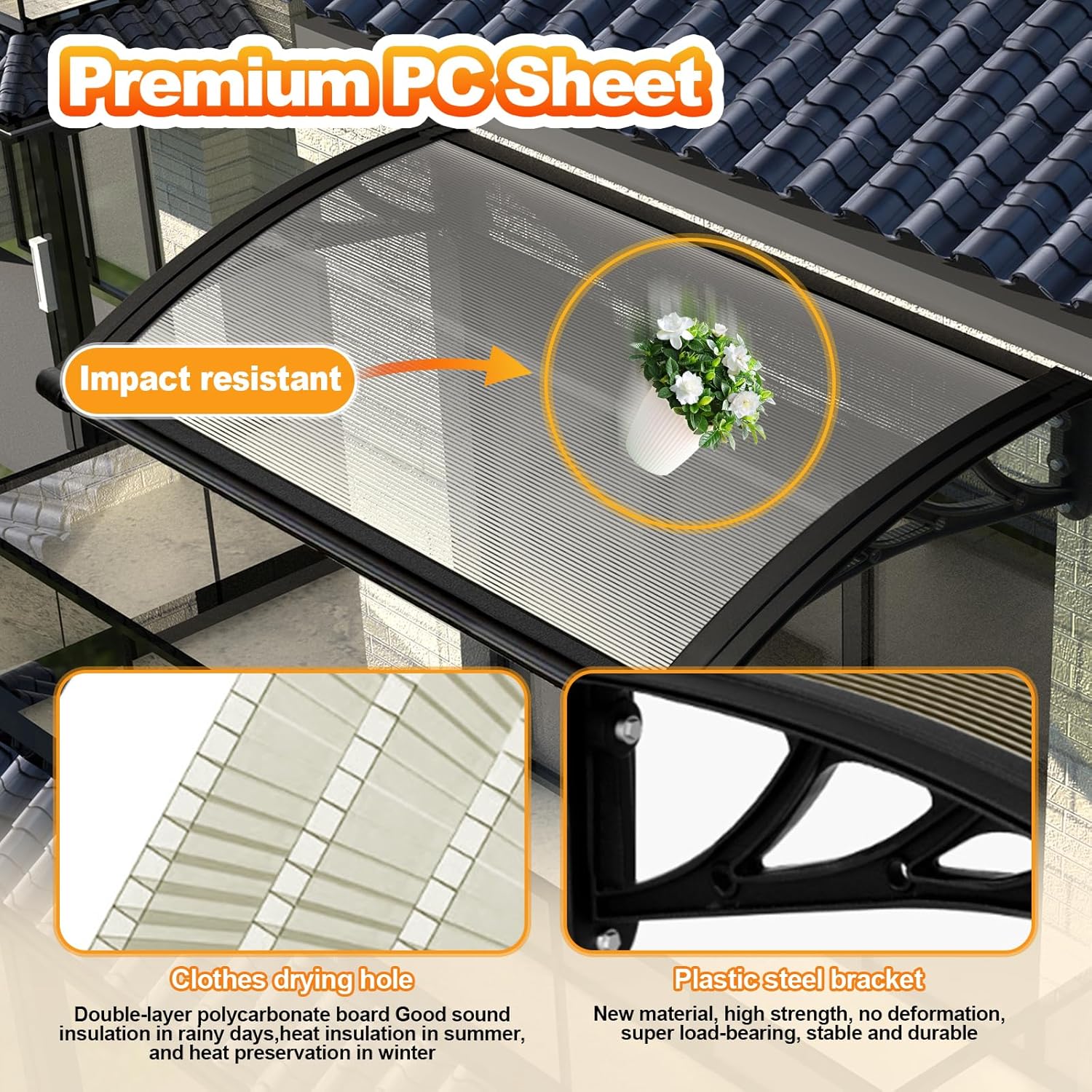 Door Awning Exterior - Built-in Drainage System, Double-Panel Polycarbonate Design, UV/Rain/Snow Protection, Sturdy Outdoor Awning for House Porch, Patio & Deck （24x71in/60x180cm,Transparent）