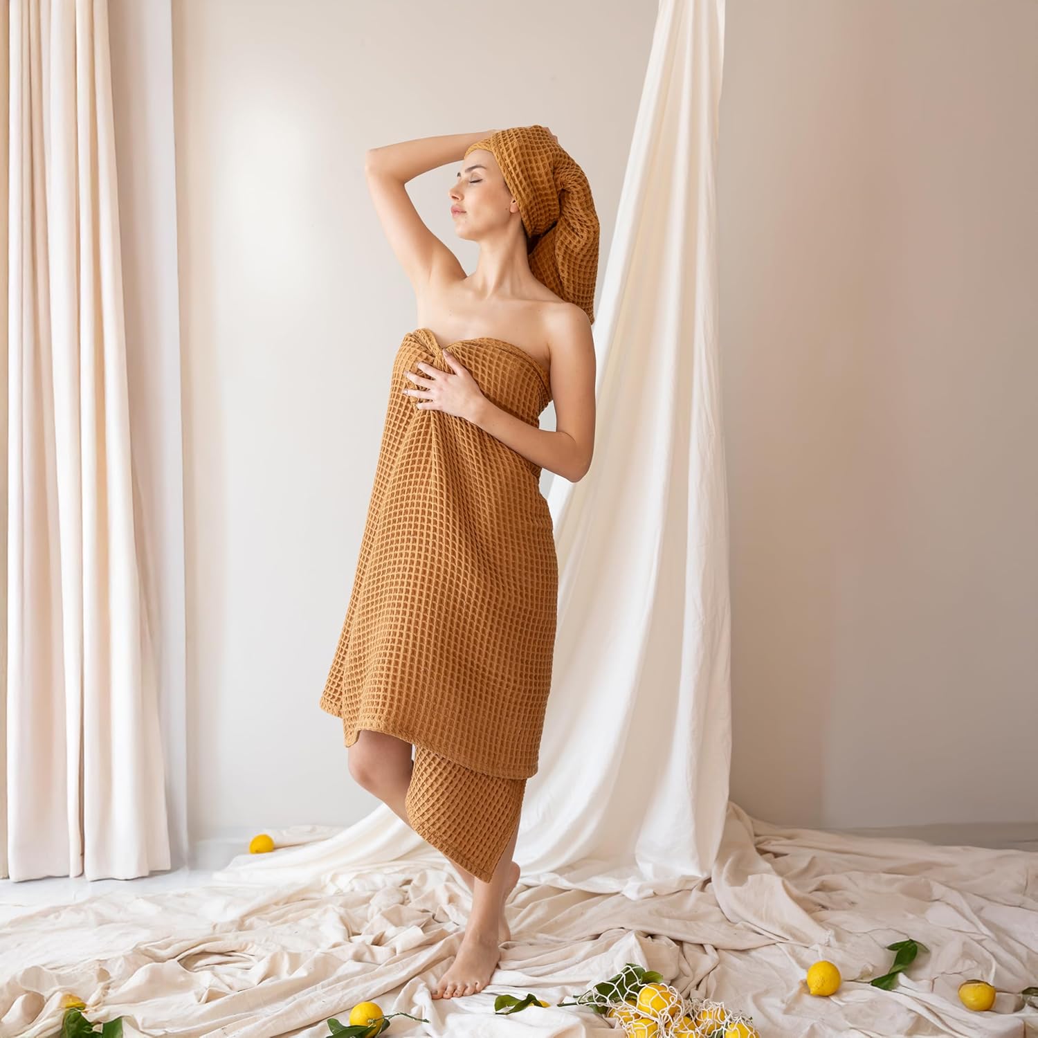 Premium Waffle Bath Towels Pack of 2 Extra Large 35x71 inch - 100% Turkish Cotton, Waffle Weave, Quick Dry, Lint Free, Oversized, Thin Bath Sheet Towel (Caramel, Set of 2 Bath Towels) - Image 5