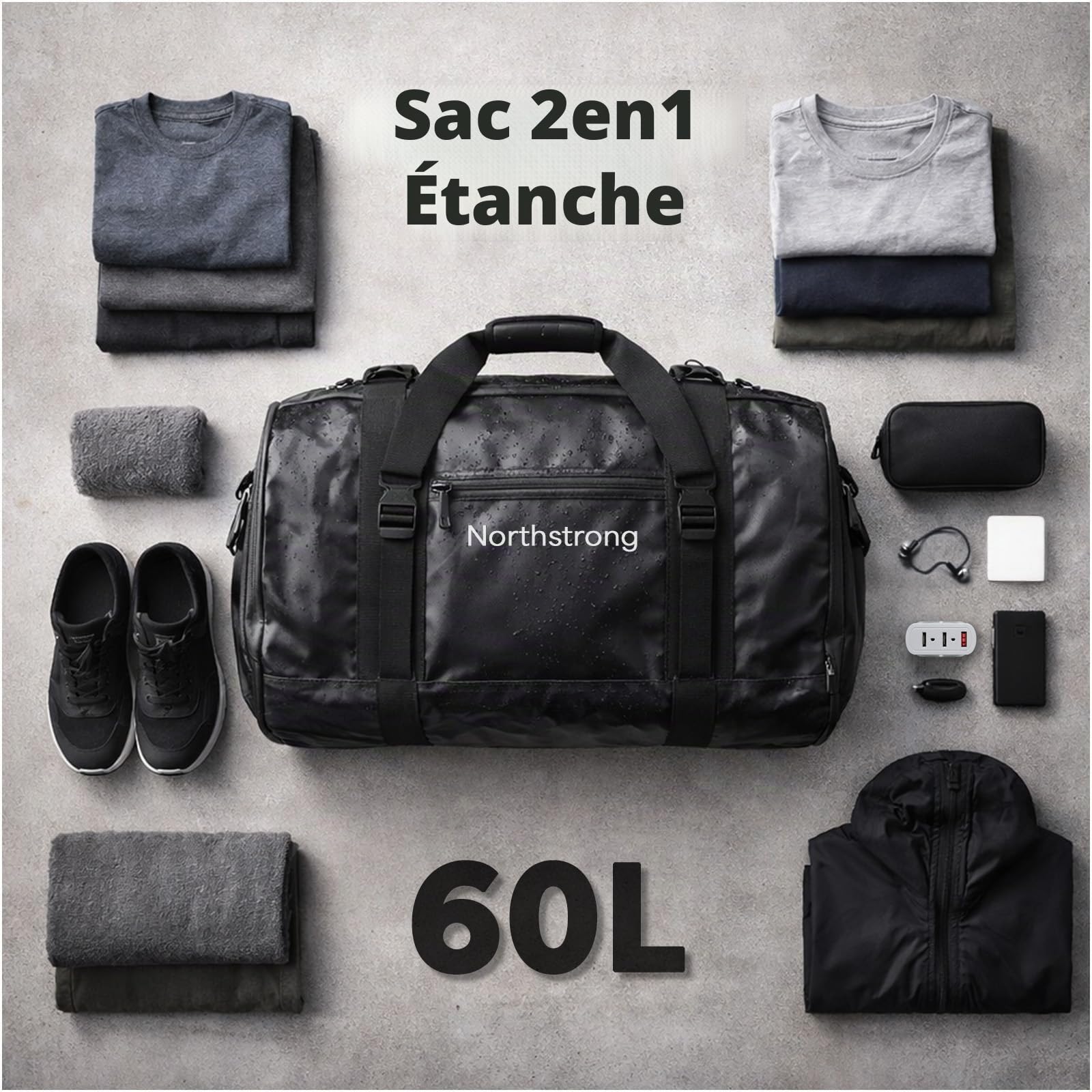 Northstrong Sac Imperméable – Duffle Bag avec Compartiments Séparés – Capacité 60L & PVC 500D Résistant – Sac à Dos avec Bretelles Réglables – pour Sports Nautiques, Outdoor & Voyage – Noir