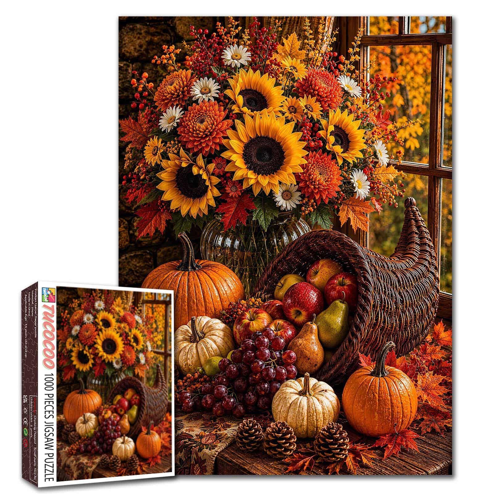 Harvest Festival Jigsaw Puzzles for Adults 1000 Pieces Thanksgiving Scene DIY Puzzles for Family Activity Games Cornucopia Rich autumn Art Jigsaw Puzzles Home Wall Decor Craft Gifts 19.7 x 27.6 Inch โ image 1