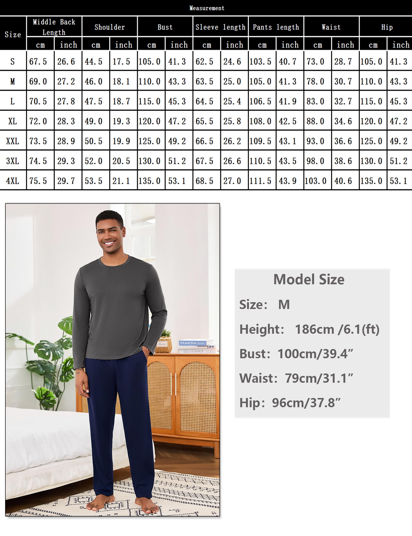 Bresdk Pyjama Homme Coton Hiver Long Ensembles de Pyjamas à Chauds Manches Longues