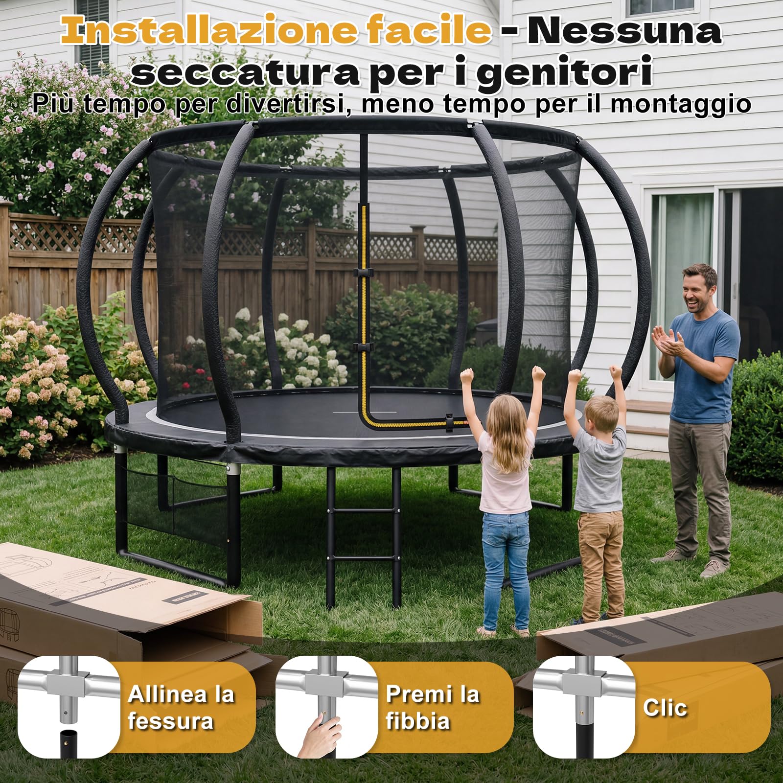 JUMMICO Trampolino elastico da giardino per bambini, 1,8 m, 2,3 m, 3,0 m, 3,6 m, 4,3 m, 4,9 m, rete di sicurezza esterna e pali imbottiti, per bambini interni ed esterni, fino a 150 kg