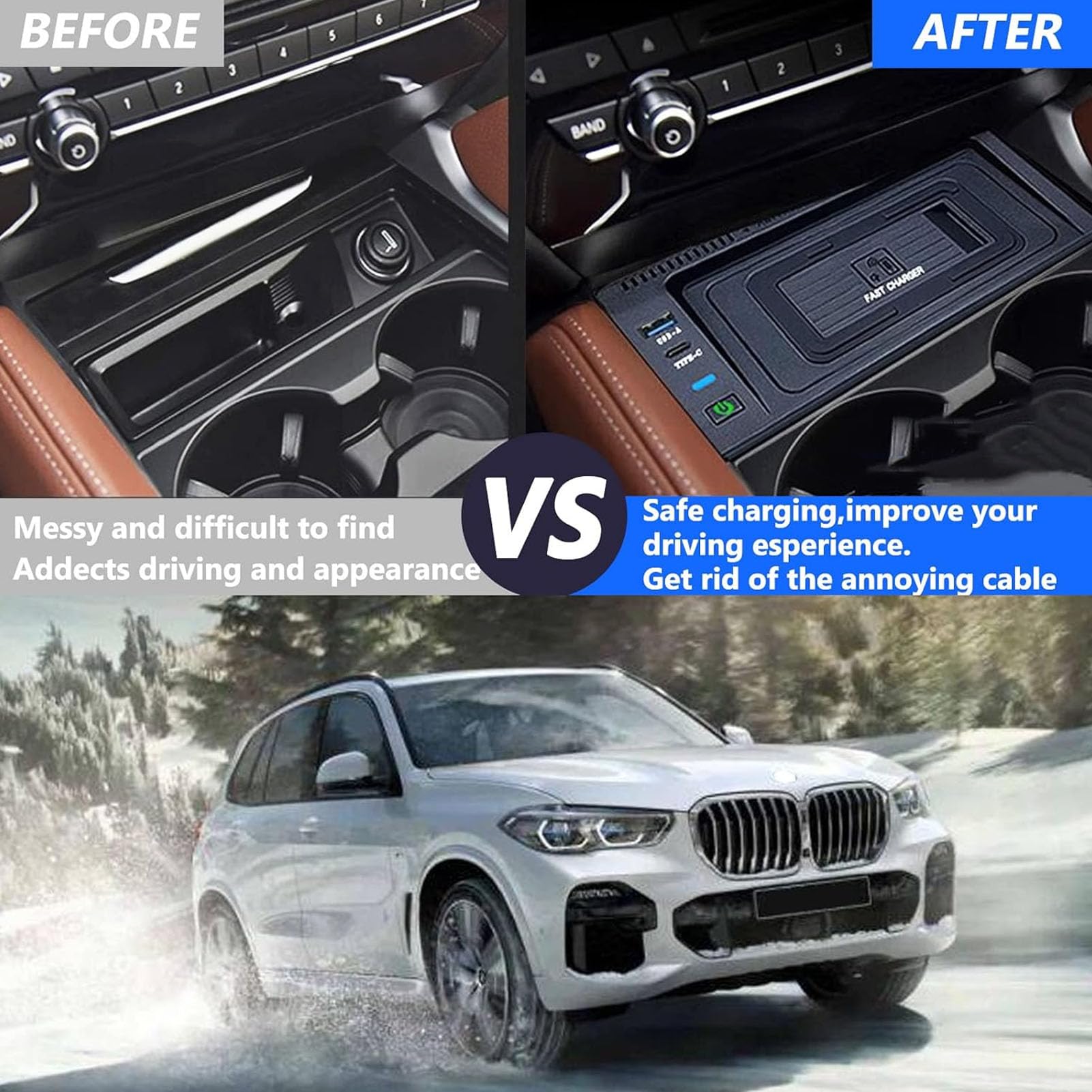 Cargador Coche Inalámbrico para BMW X5(2008-2018)/X6(2008-2019) F15/E70/F16/E71Accesorios Consola Central Carga Rápida Qi 15W, Con Puerto USB, Para Cualquier Teléfono Habilitado Para Q(Size:2008-2014)