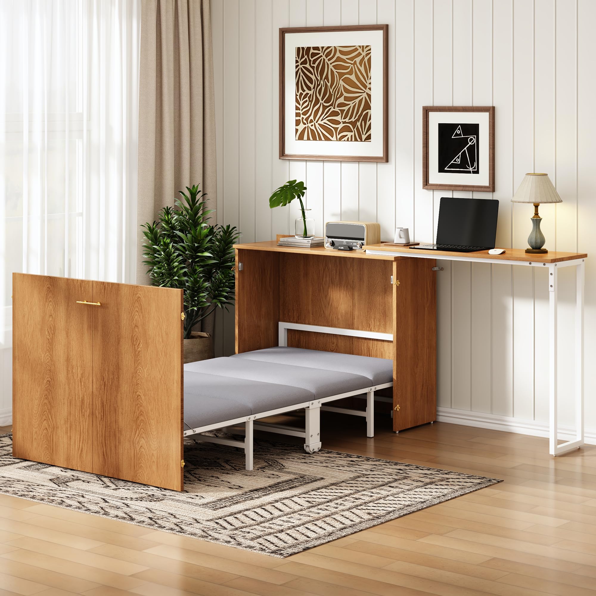 Merax Klappbett 90x200 cm, mit drehbarem Schreibtisch & Matratze, platzsparendes Schrankbett mit Rollen, faltbares Wandbett für kleine Räume, Gästezimmer & Homeoffice, inkl. Matratze