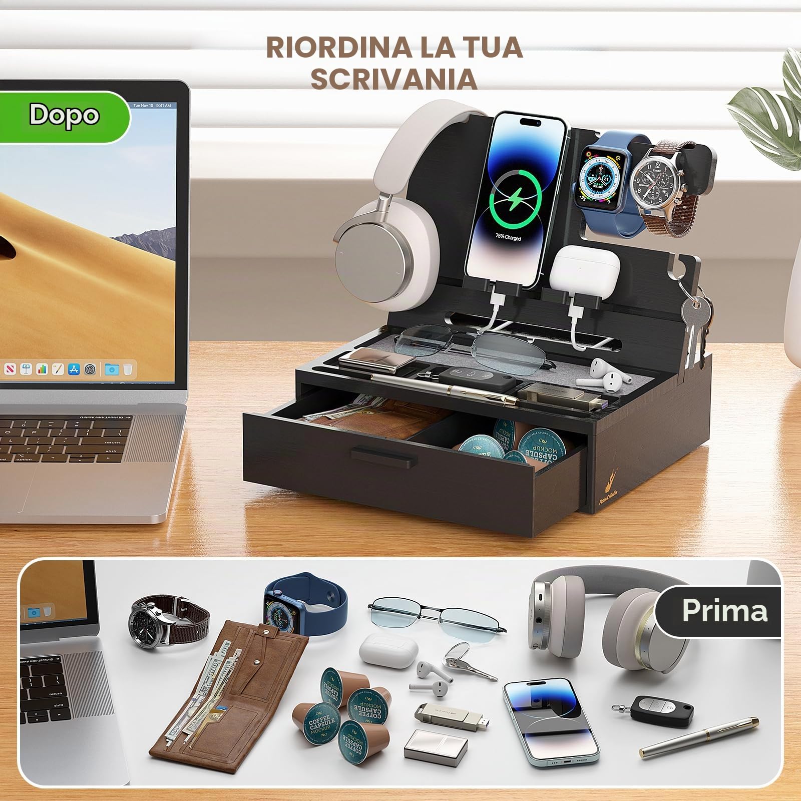 Pezin & Hulin Vassoio Organizer per Comodino in Legno, Docking Station per Telefono in Bambù con Cassetto, Vassoio Valet da Comodino per Multi-Dispositivo, Ideale per Marito Lui Fidanzato Laurea