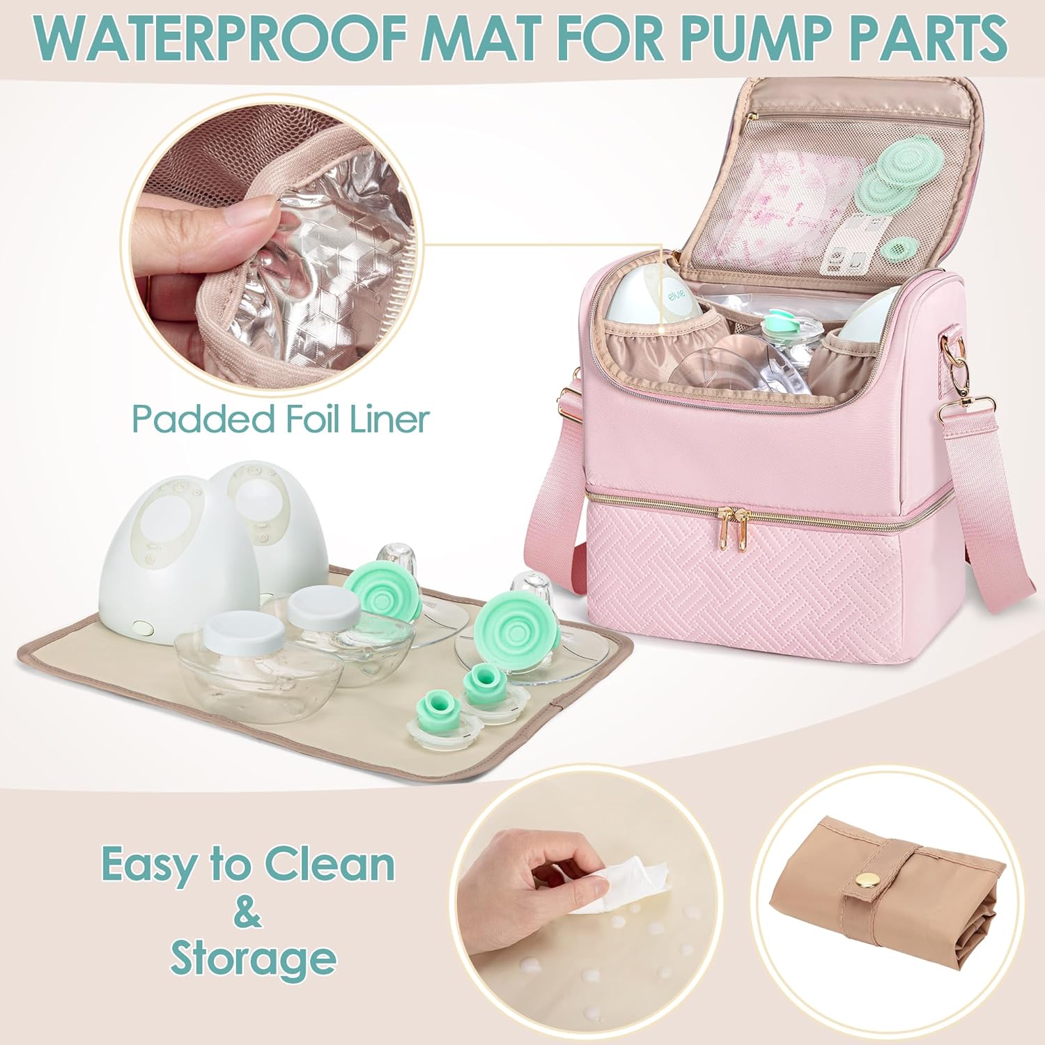 Fasrom Breast Pump Bag with Cooler Compartment Compatible with Momcozy, Medela and Willow Hands Free Pump, Pumping Tote with Waterproof Mat, Pink