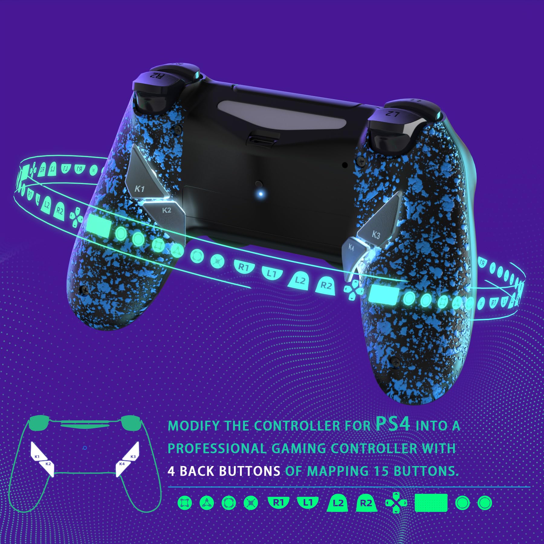 eXtremeRate DAWN Type-C Versione Remap Kit per ps4 Slim Pro Controller JDM-040/050/055,6 Profili 4 Tasti Aggiuntivi Cover Posteriore per ps4 Joystick(Senza Controller)-Blu Antiscivolo