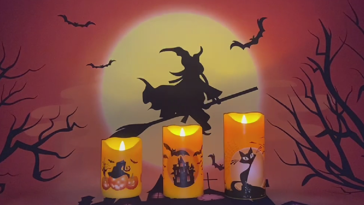 Image of CANDLE CHOICE Orange Halloween Flameless Candles with Remote and Timer Real Wax Realistic Flickering Fake Electric Battery Operated LED Pillars Halloween Theme Decals for Halloween Decorations 3 Pack