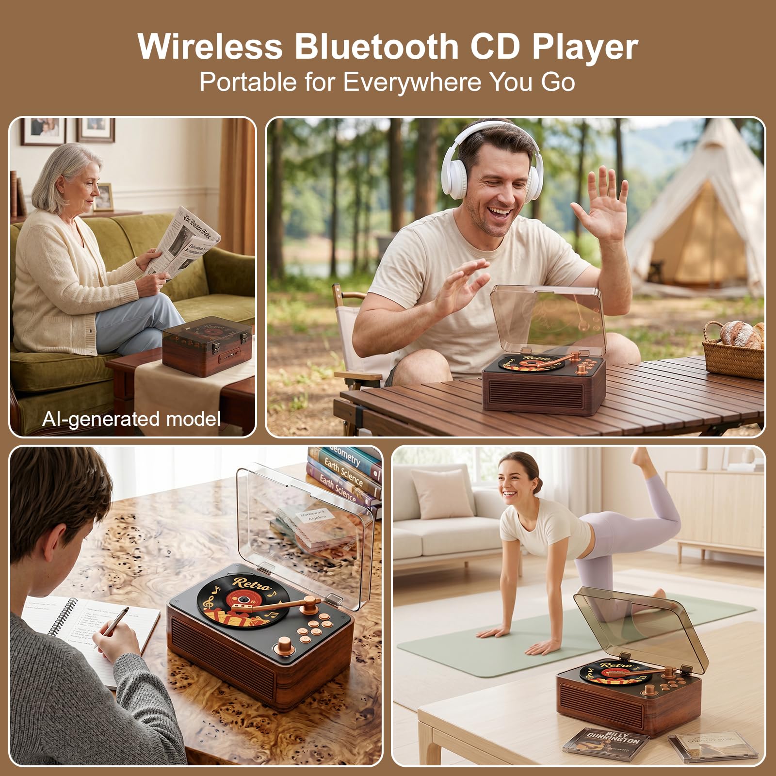Gueray Tragbarer CD Player Bluetooth CD-Player mit Lautsprecher & Radio & Fernbedienung Unterstützt USB/AUX Wiedergabe Kopfhöreranschluss Walnussholz