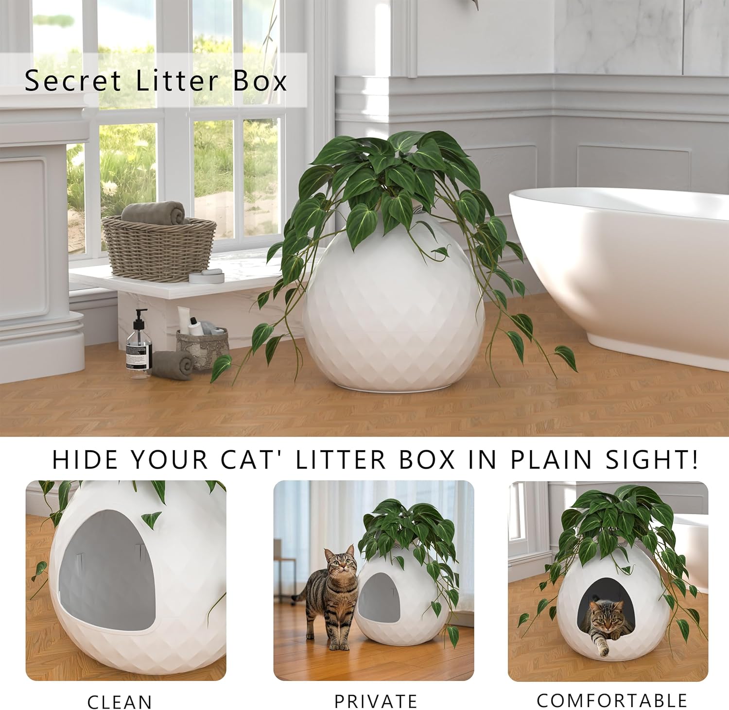 EasyUp Hidden Cat Litter Box, Plant Cat Litter Box with Removable Planter Top Vented, Multi-Functional Resin Litter Boxes Enclosure Furniture, Easy to Clean, for Living Room Indoor (White, No Plant)