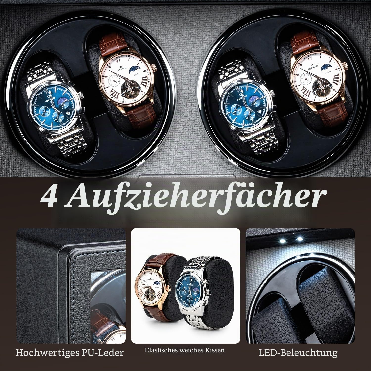 Mcbazel Automatischer Uhrenbeweger für 4 Uhren, PU-Leder Uhrenbox mit Ultraleisem Motor und LED-Licht, 4 Modi für Automatikuhren, USB-C & Batteriebetrieben - Schwarz