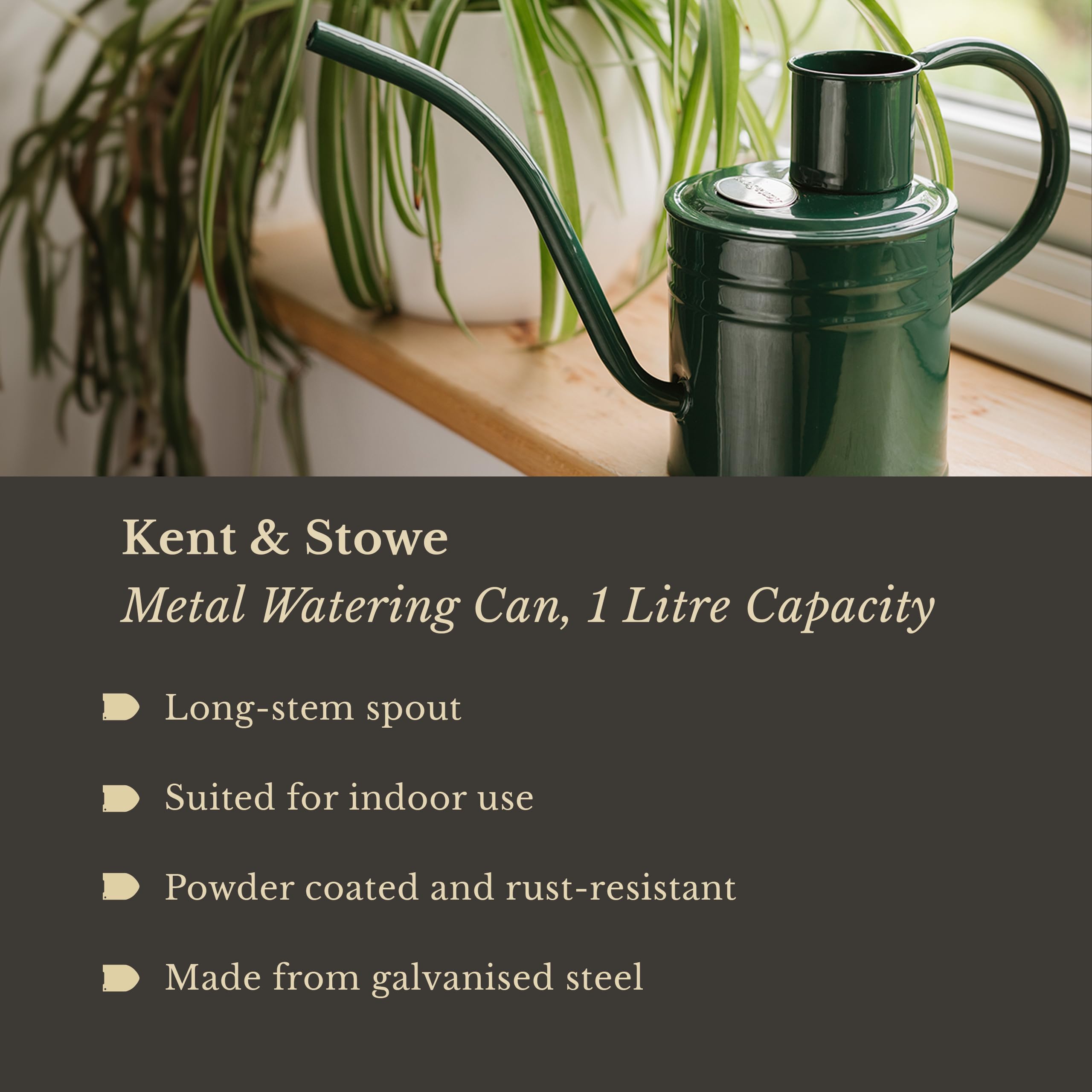 Kent & Stowe 1L Indoor Watering Can in Forest Green, Rust-Resistant Galvanised Watering Can with Handle and Long Spout - Image 2