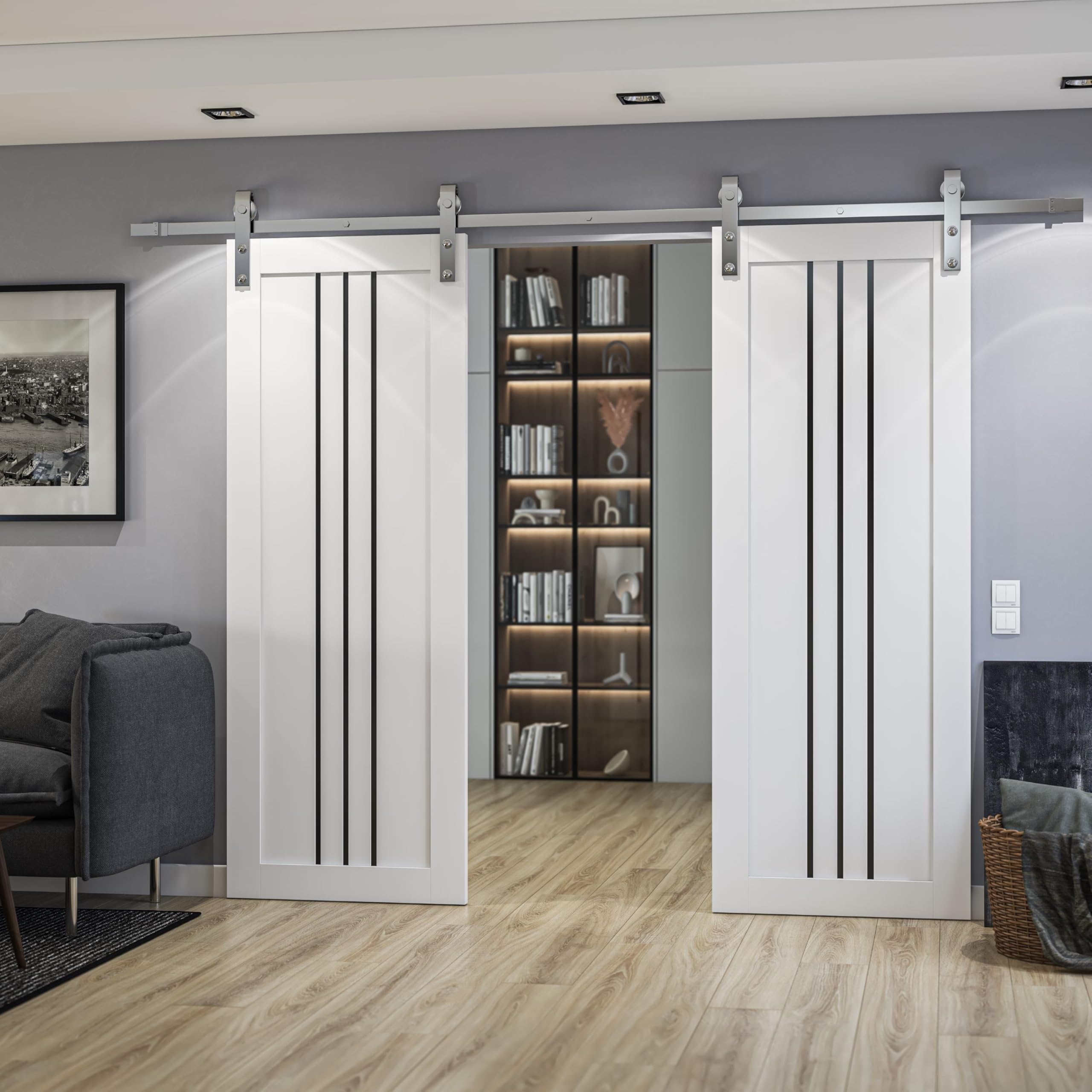 SARTODOORS Sliding Double Barn Doors 48 x 96 inches | Base 6094 White Double Barn Doors/Silver Rail | Opaque Glass MDF Modern | Living Room Bedroom