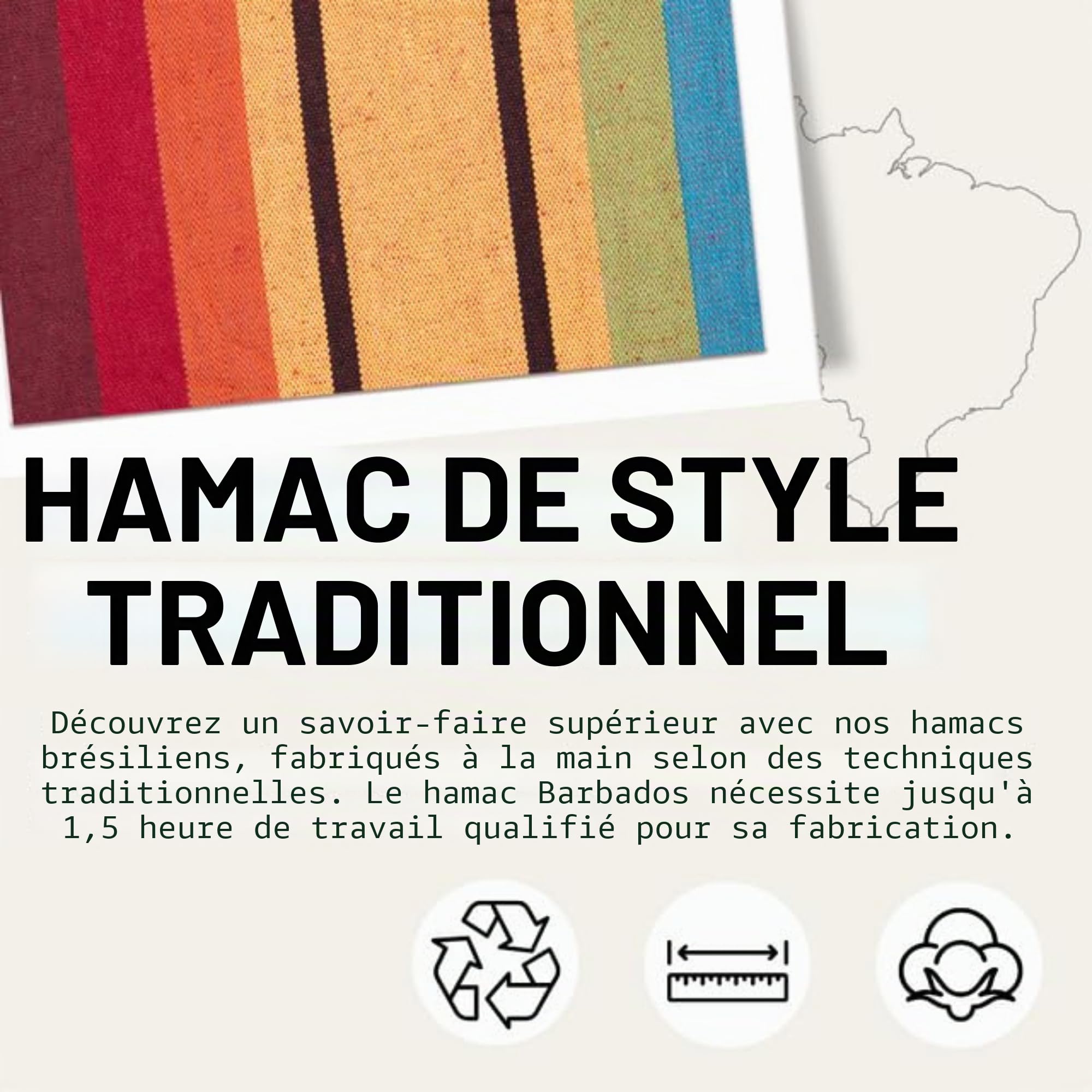 AMAZONAS Hamac classique XL Barbados Rainbow fait à la main au Brésil jusqu'à 200 kg de capacité de charge avec 230 x 150 cm pour 1-2 personnes en rayures multicolores longueur totale 340 cm