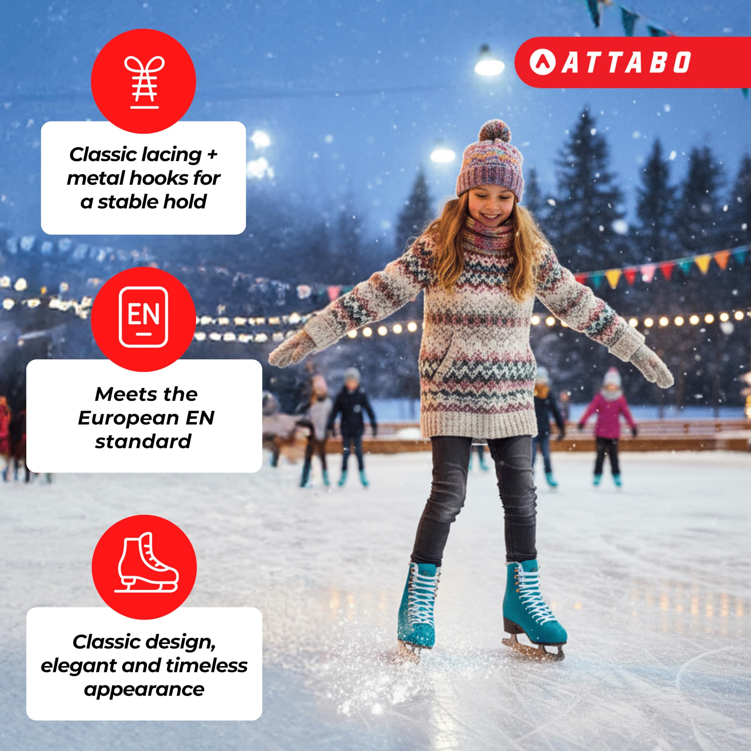 ATTABO ISLA Patins à glace artistiques pour enfants | Dessus en plastique PVC | Support de cheville renforcé | Patins en acier inoxydable | Design classique pour les jeunes patineurs (31)