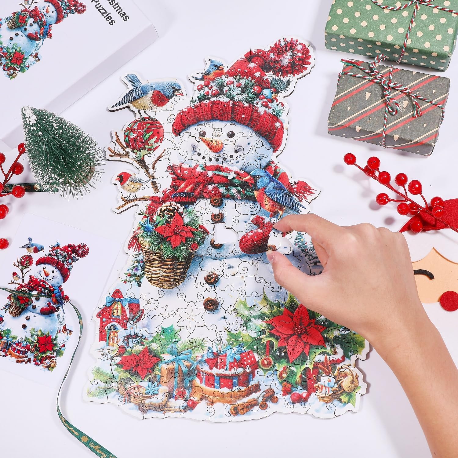 GLOBLELAND 200Pcs Christmas Snowman Wooden Jigsaw Puzzles for Adults 38.1x25.8cm/15x10inch Colorful Christmas Tree Wood Puzzles for Anniversary Birthday