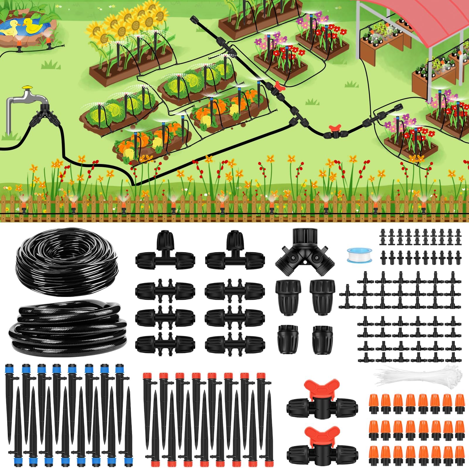 230FT Drip Irrigation System Kit Quick-Connect Automatic Garden Watering Misting System for Greenhouse Flower Beds Yard Lawn Patio Plant with 1/2 Inch Hose 1/4 Inch Distribution Tubing and Accessories