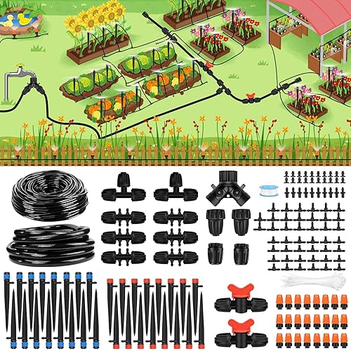 Kit de sistema de riego por goteo de 230 pies, sistema automático de riego de jardín de conexión rápida para invernadero, camas de flores, patio,