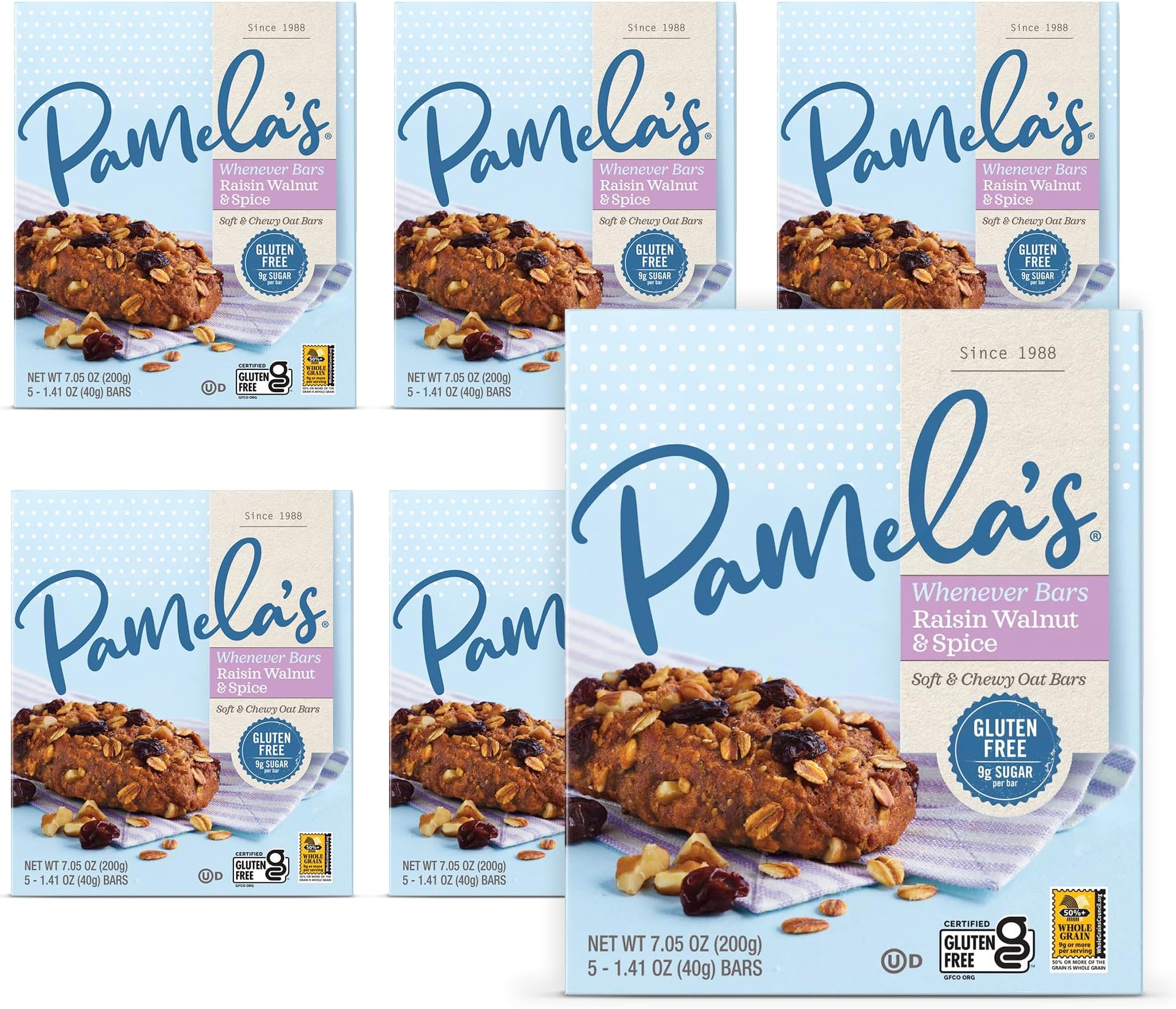 Pamela's Products Gluten Free Whenever Bars, Raisin Walnut Spice, 30 Count , 42.3 Oz (Pack of 6)