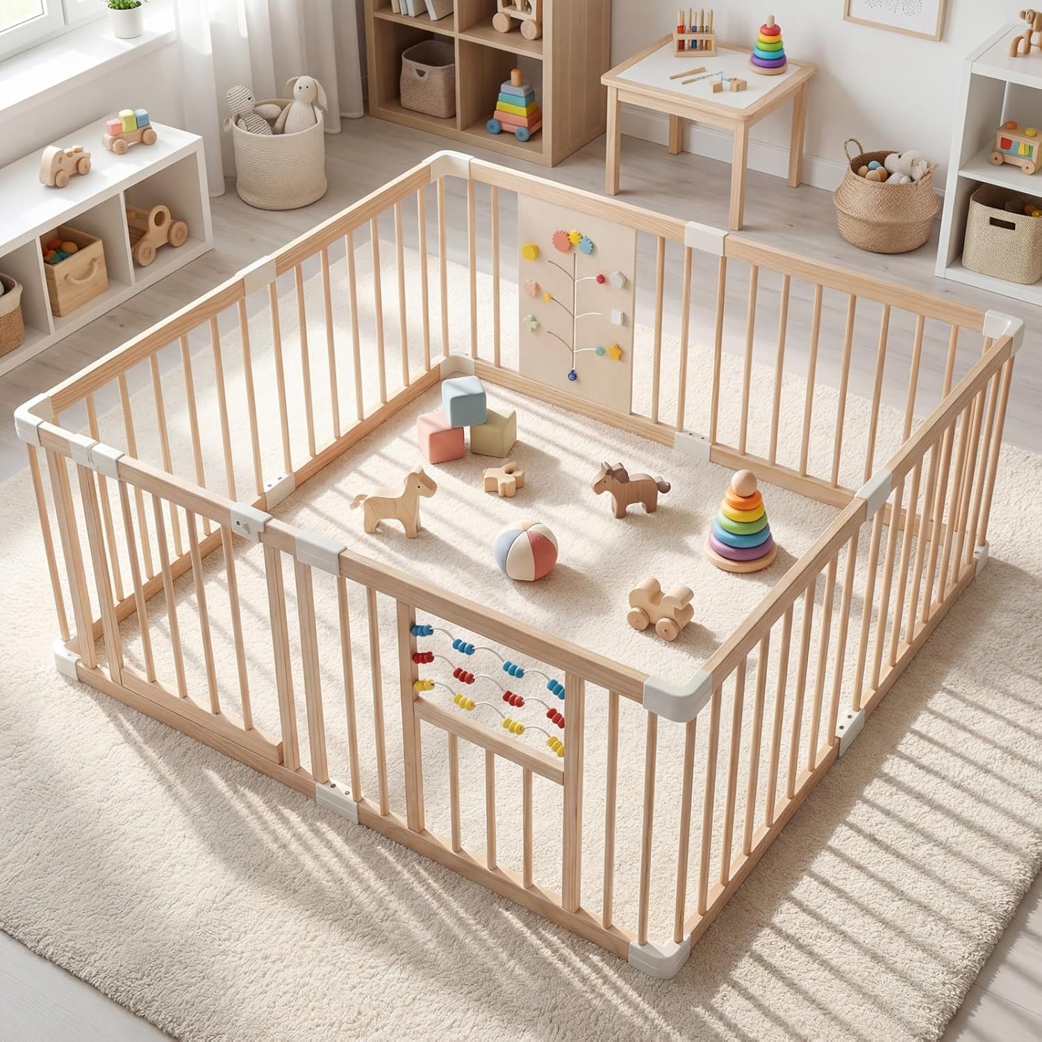 INFANS Wooden Baby Playpen with Adjustable Size & Shape, 8 Panels, Child Proof Lock, Easy to Assemble, 63" x 63" Portable Play Yard for Babies Toddlers