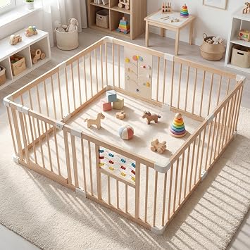 INFANS Wooden Baby Playpen 63" x 63" with Adjustable Size and Shape