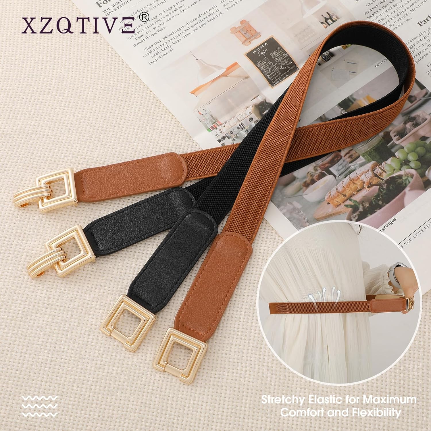 XZQTIVE 2 Pack Women Skinny Stretchy Cinch Belt for Dresses, Thin Elastic Belt Ladies Waist Belt with Retro Gold Buckle - Image 6