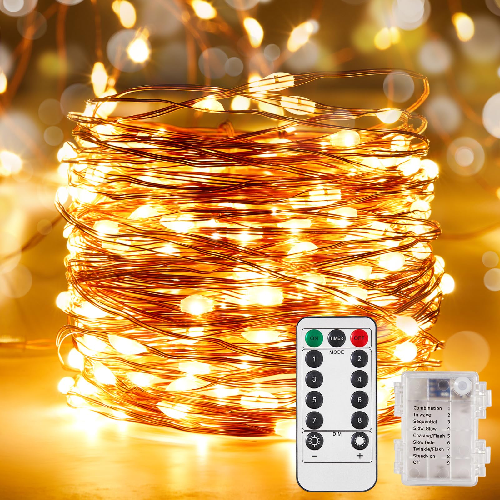 Ariceleo 32.8ft 100 LED Fairy Lights - 1 Pack, Waterproof, Warm White, Battery Operated String Lights with Remote, Timer,Twinkle, Flexible Copper Wire for Outdoor, Bedroom, Wedding, Christmas Décor