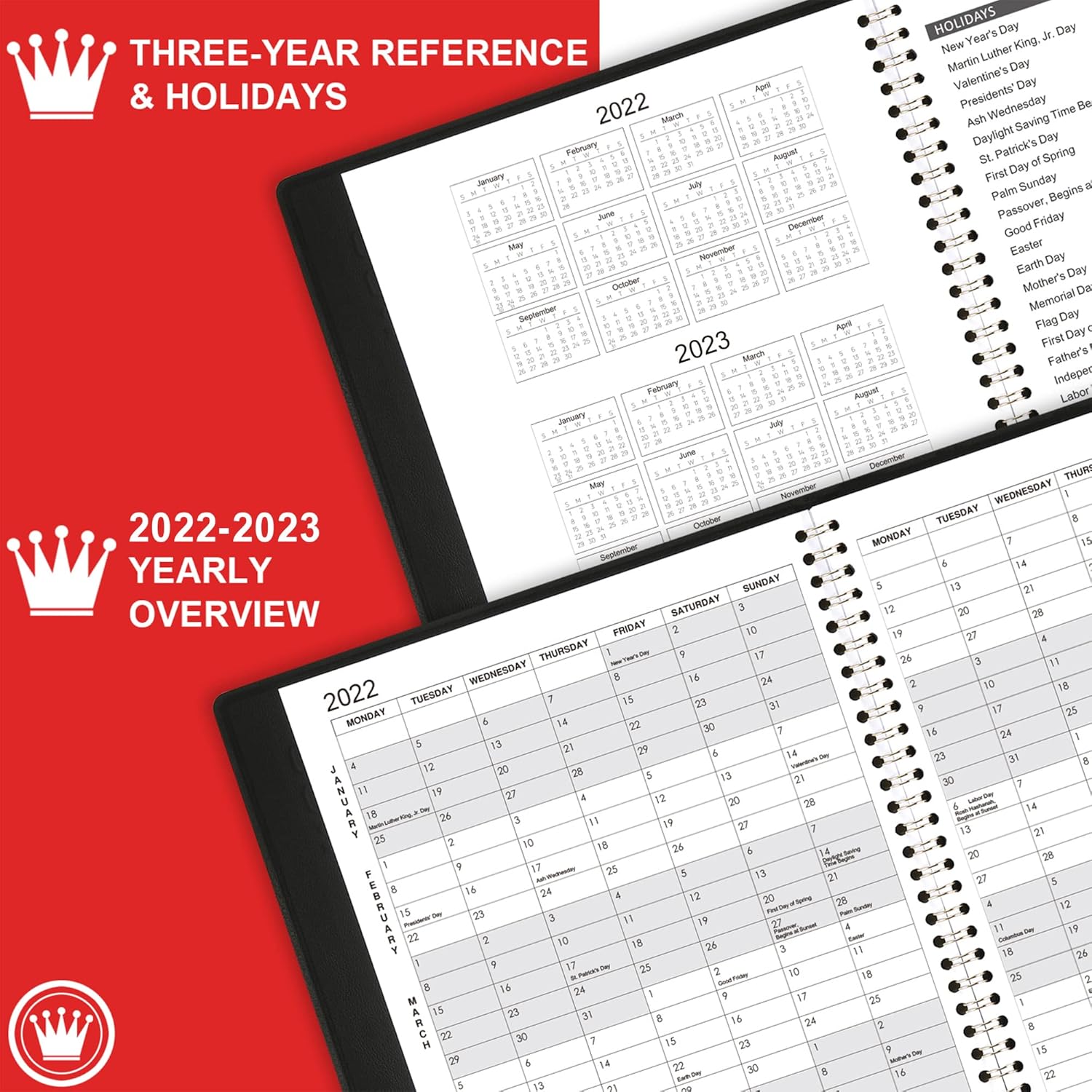 2022 - 2023 Monthly Planner - 18 Months Calendar with Faux Leather, 8.86" x 11.4", Jan 2022 - Jun 2023, 15 Notes Pages, Strong Twin - Wire Binding, 18 Monthly Tabs, Perfect Organizer - Black : Office Products