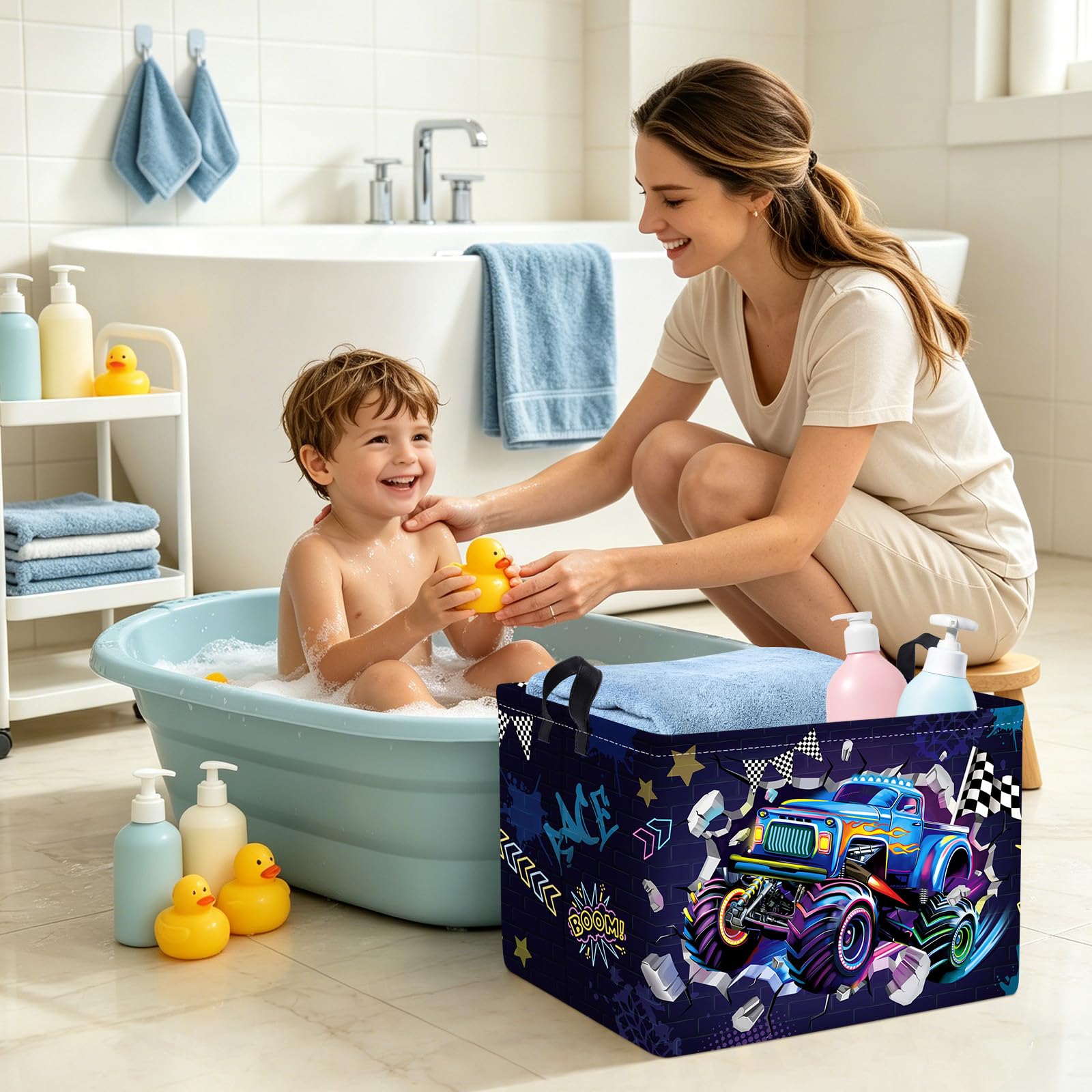Clastyle Cestos Almacenaje Coche de Carreras Infantil Cesta Ropa Sucia Plegable para Habitación Bebé Dormitorio Cajas de Almacenaje Juguetes para Chico, Púrpura 3D, 40x30x30 cm
