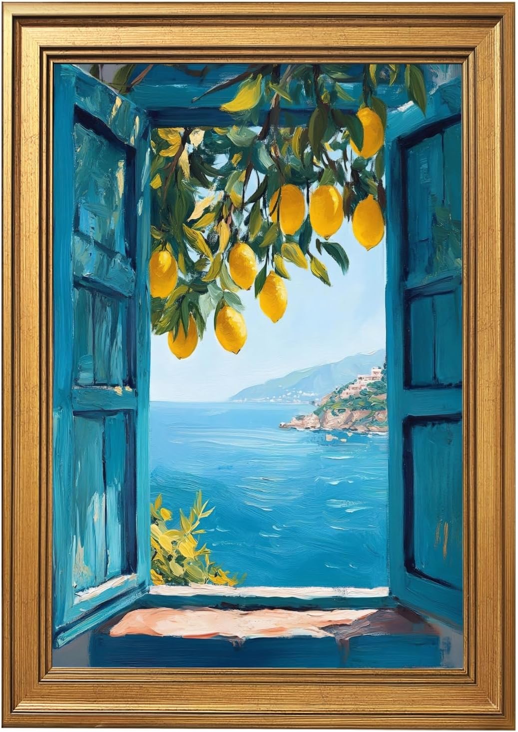 Framed Open Window Blue Coastal Canvas Wall Art Italian Seaside Landscape Painting Mediterranean Lemon Tree Print Poster Seascape Pictures Wall Decor for Beach House Home Living Room 12x16inch Gold