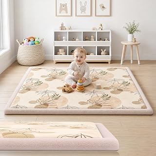 50x50 Baby Play Mat for Floor - 1.3" Extra Thick Elastic Foam Playpen Mat Non-Slip Soft Coral Velvet Boho for Infant Toddler Kids Crawling and Tummy Time in Playroom Nursery