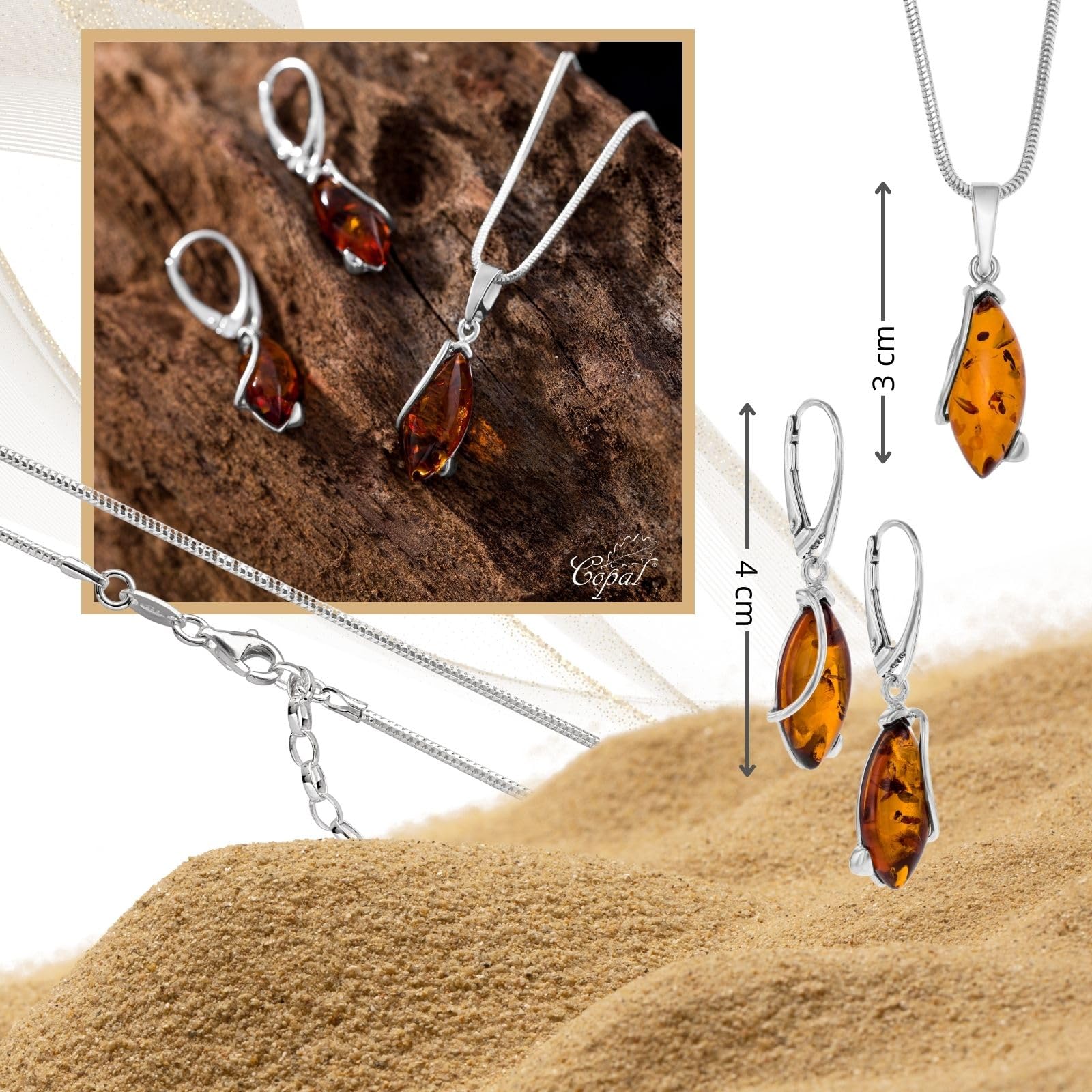 Copal Conjunto De Joyas Para Mujer Con Ámbar Y Plata 925 Con Cadena Ajustable