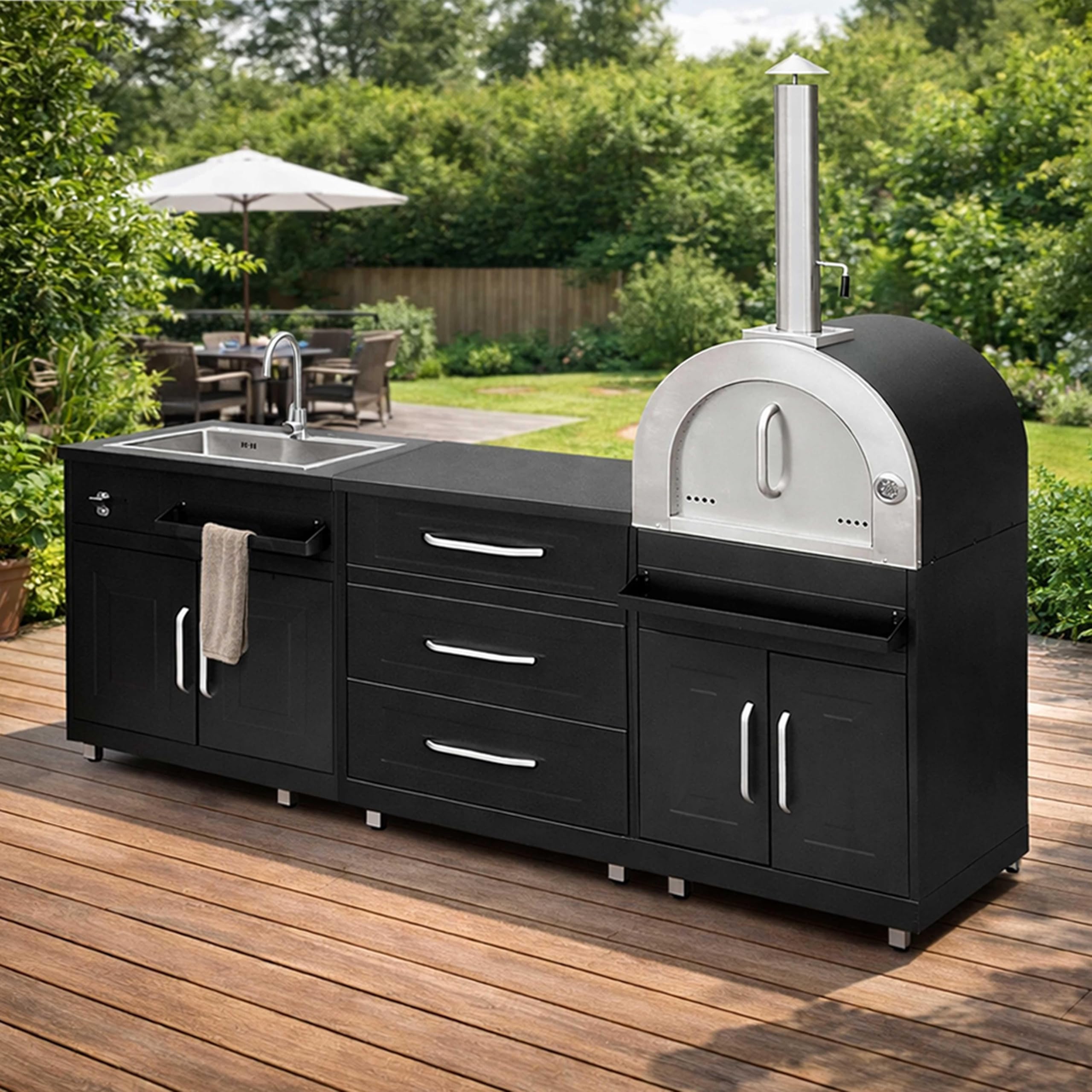Oviala Cuisine extérieure Acier 3 éléments avec Four à Pizza