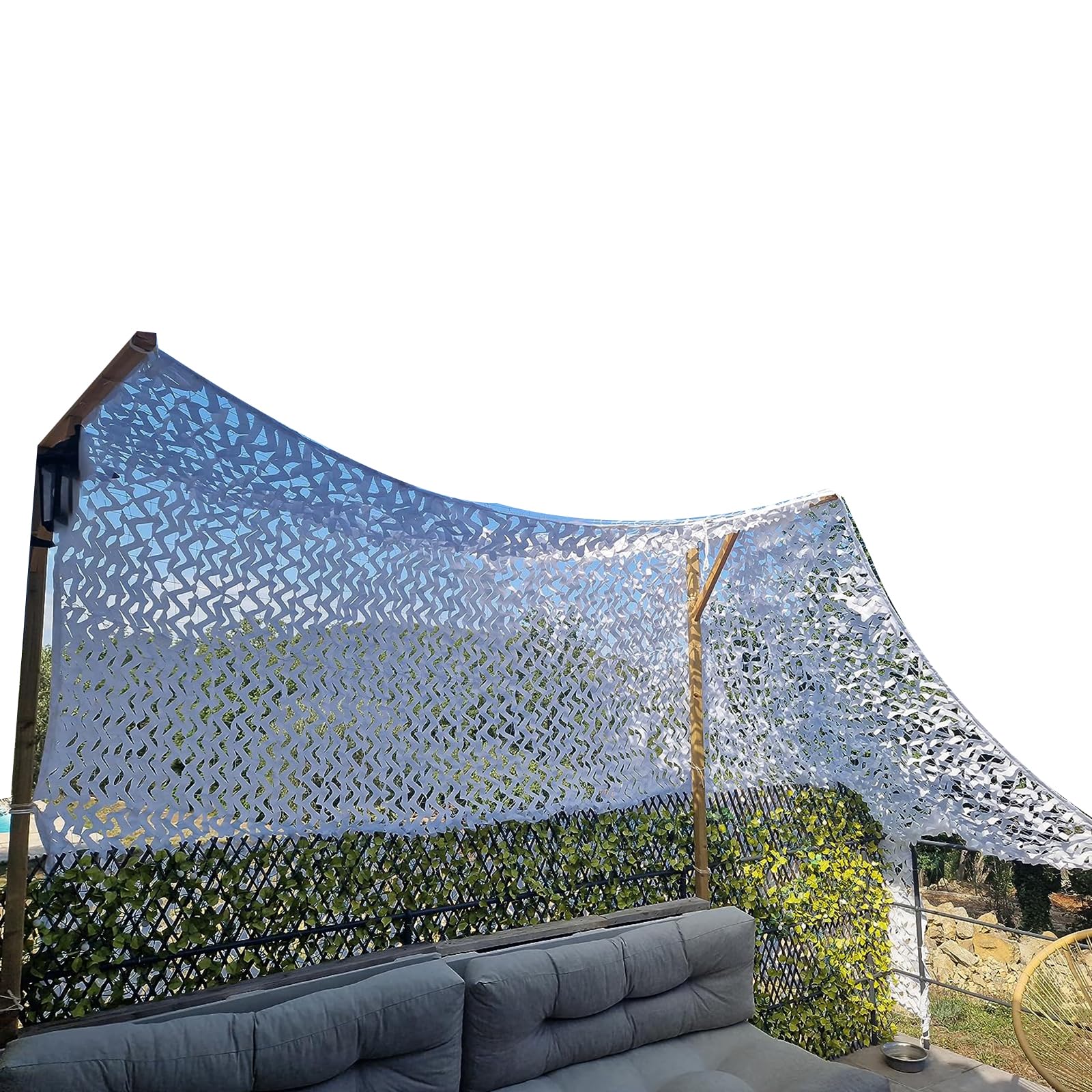 Filet de camouflage blanc avec support pour pergola et terrasse rectangulaire