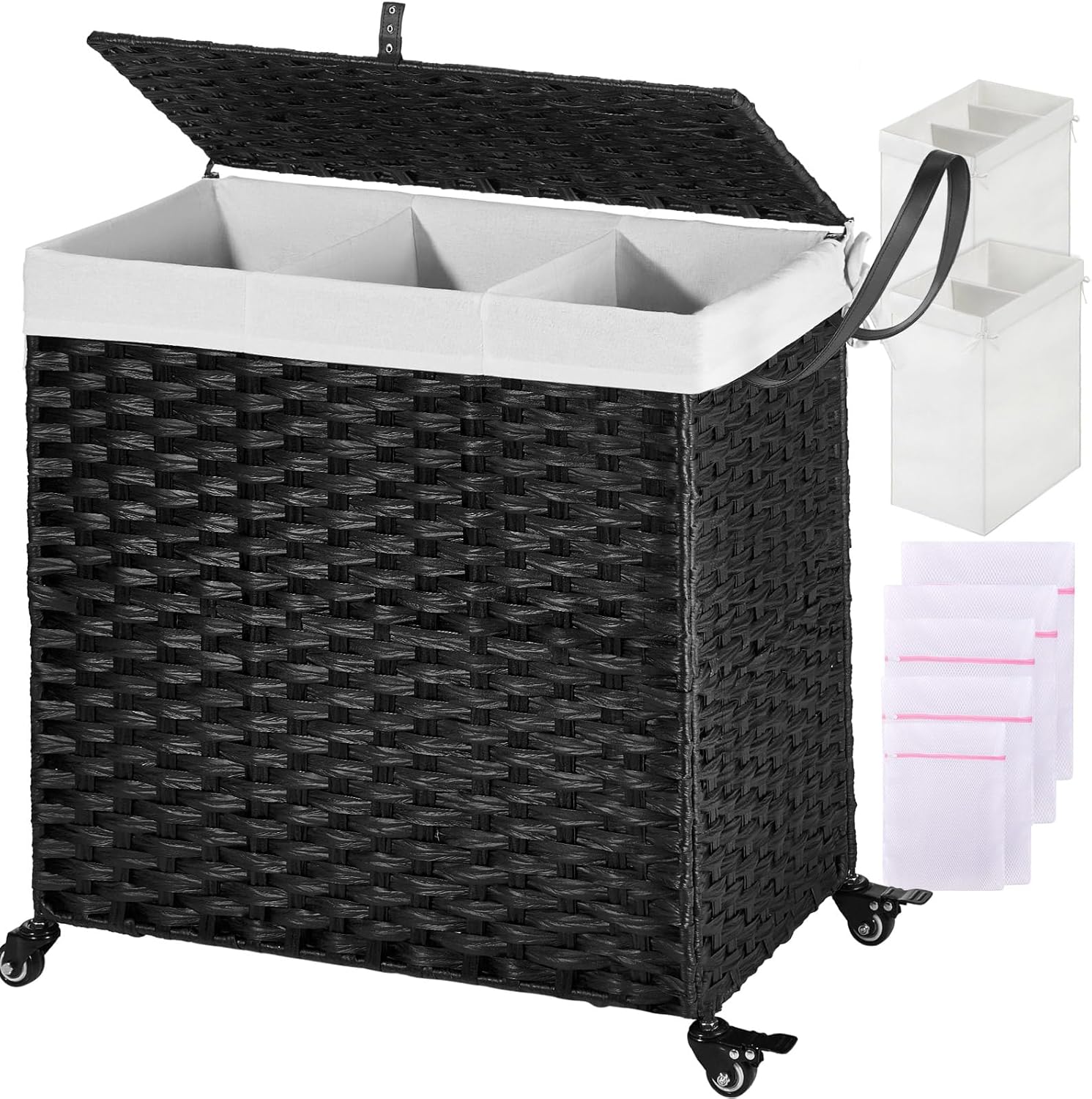 Black Woven Rectangular Kids Hamper with Wheels and Lid