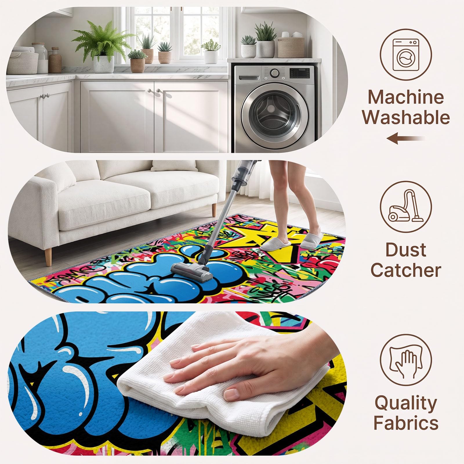 Générique Tapis Lavable Graffiti Lettre 120x170 cm, pour Salon Chambre Cuisine Salle à Manger Bureau Salle de Bain, Pop Art Funky Tapis Poils Courts, Antidérapant