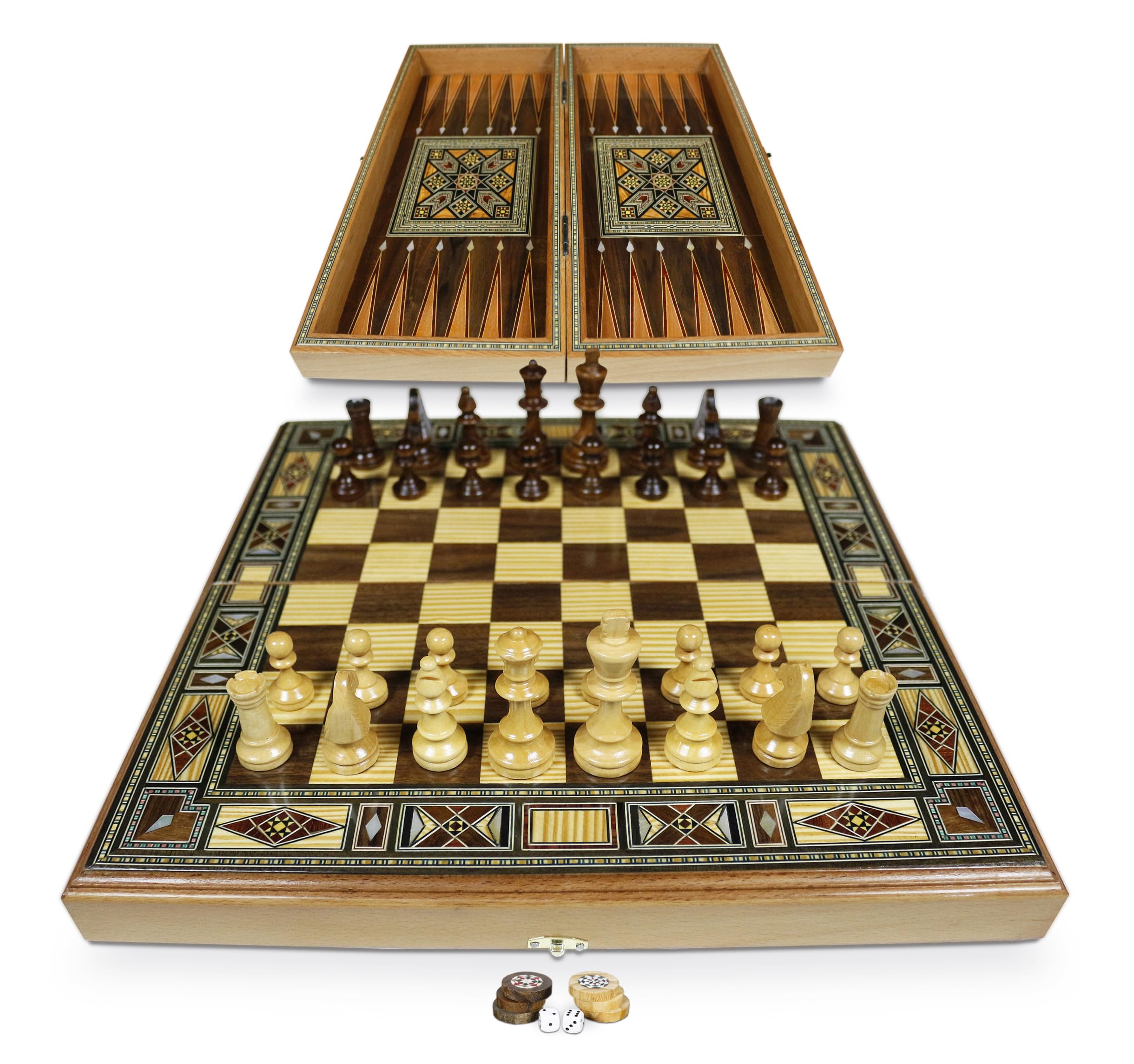 Novità 40 x 40 cm Backgammon Tavla/Gioco di scacchi/Dame Board BE 414 SF con 30 pietre backgammon in legno e scacchi in legno KH 75