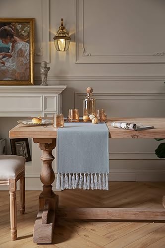 Miniatura 2 de ZeeMart Caminos de Mesa Azul Polvoriento de 60 Pulgadas de Largo, Camino de Mesa Rústico de Granja Estilo Lino de Arpillera, Camino de Mesa de