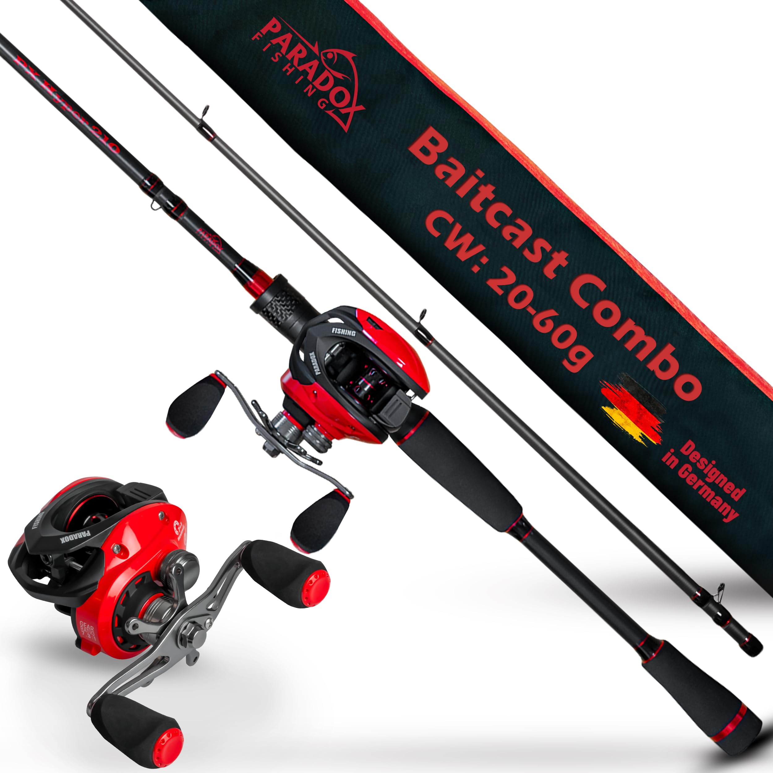 Paradox Fishing PX Hyper Baitcast Combo 2,10m I 10-20g / 15-40g / 20-60g I mit Hyper Cast Baitcast Rolle I Baitcast Rute Hecht – Baitcaster Combo für Rechtshänder