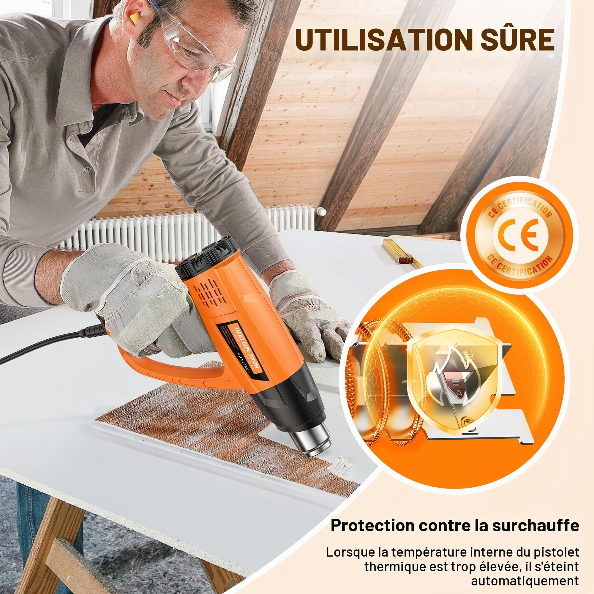 Décapeur Thermique Professionnel 2000W, SEEKONE Pistolet à Air Chaud 60-600℃ Température Réglable, 2 Débit d'air, Protection de Surcharge, Noyau Chauffant Céramique, Poignée Anneau, 7 Accessoires