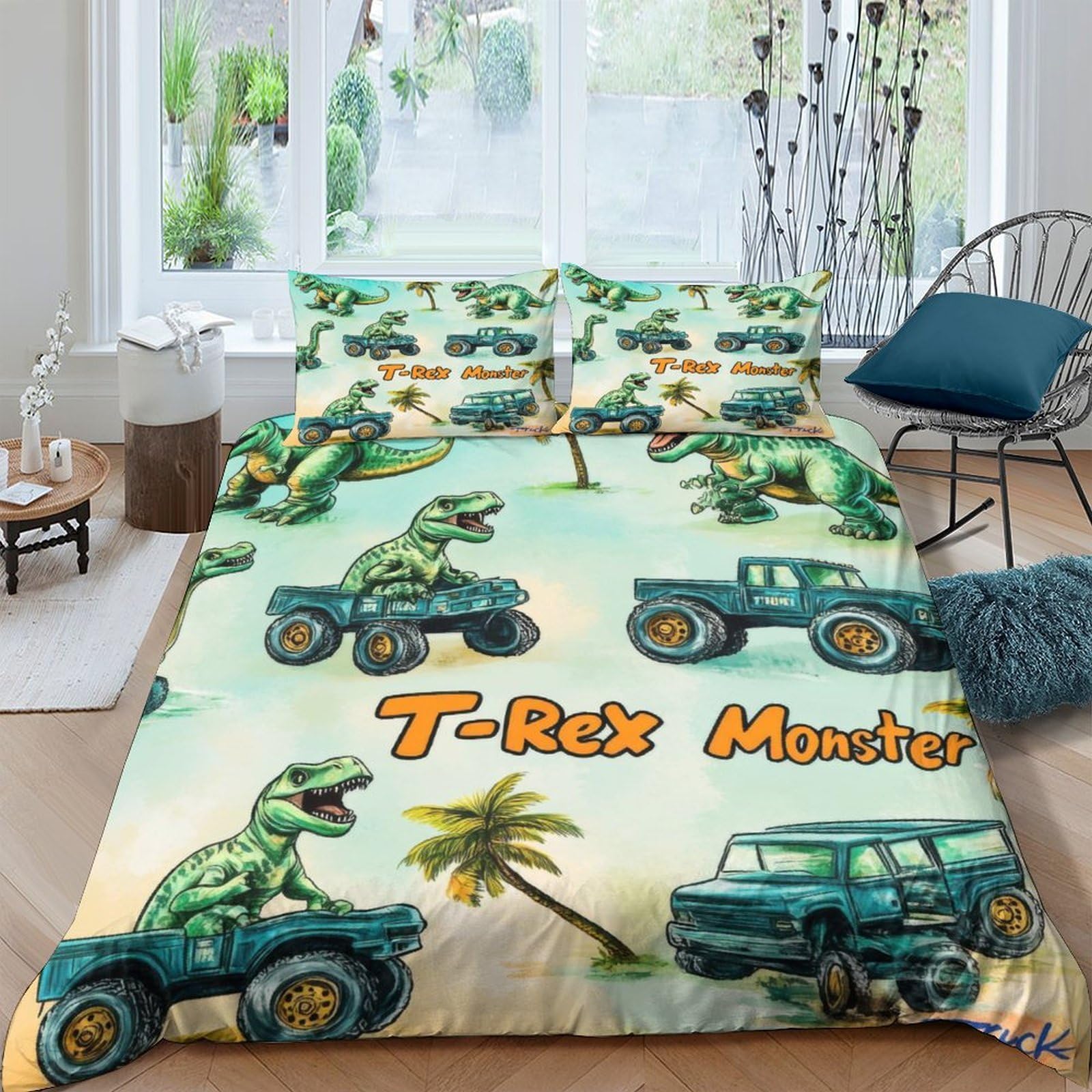 TUFRTGYHN 3D Printed T-Rex Monster Duvet Cover Microfiber Soft Dinosaur Car Bedding Set with 2 Pillowcases for Bedroom Decor Single（135x200cm）