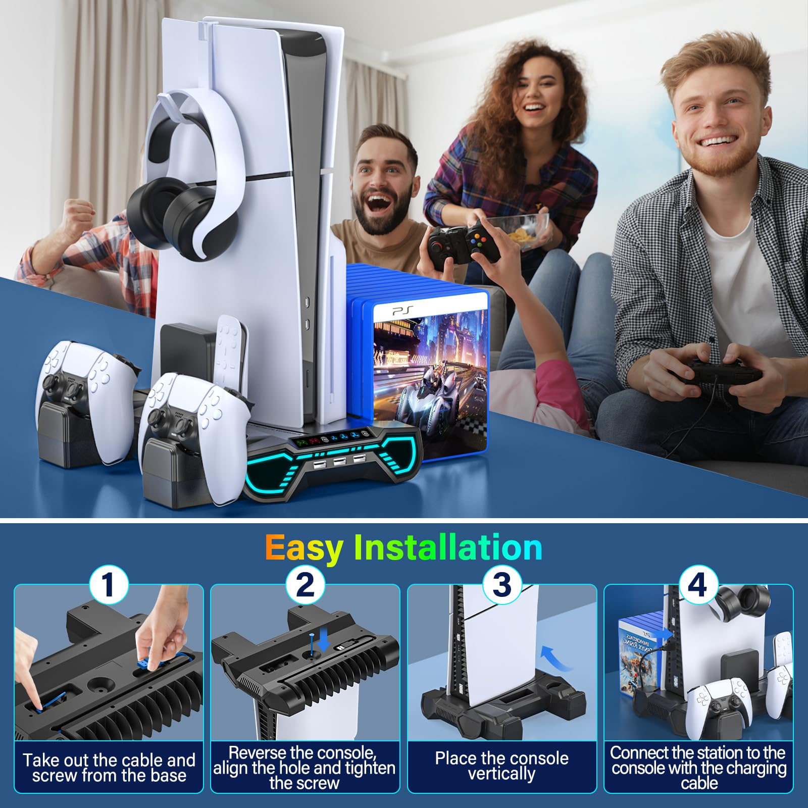 Stazione di raffreddamento PS5/Slim/Pro con stazione di ricarica controller per console Playstation 5 - Supporto RGB PS5 con caricabatterie controller, kit di accessori per supporto di
