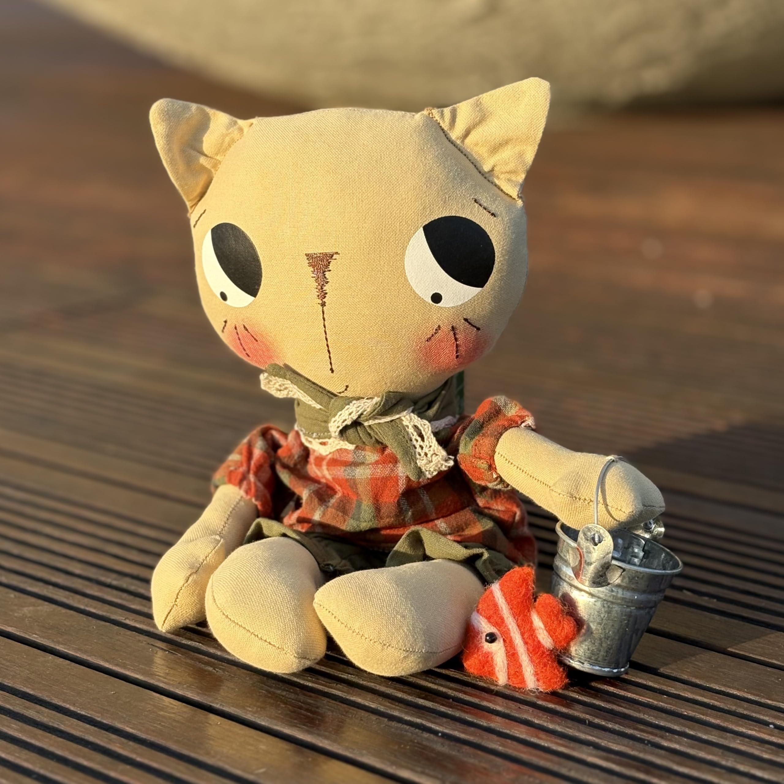 Handmade Beige cat Doll Holding a Bucket Plush, Great Decorative plushie