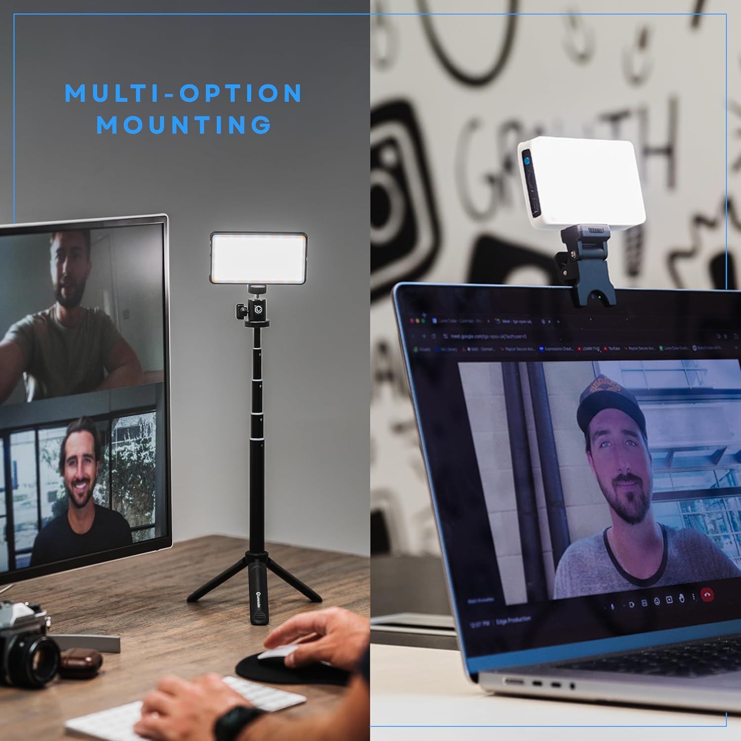 The Lume Cube light shown mounted on both a desktop tripod and a laptop clip, demonstrating versatile placement options.