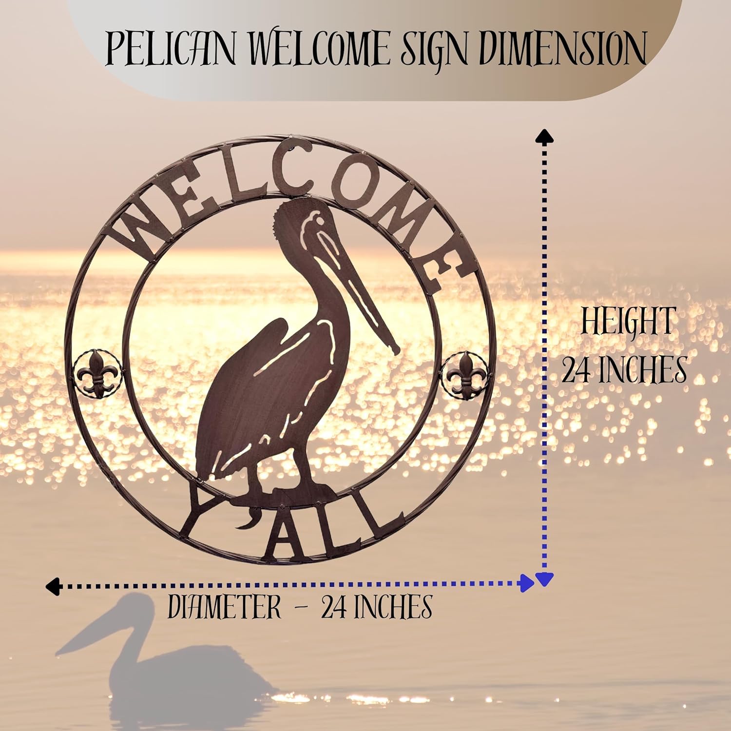 BestGiftEver 24" Metal Pelican Welcome Sign - Circle Wall Art for Louisiana Coastal Décor, Nautical Outdoor Hanging Decoration, Fleur de Lis Accent, Ideal for Beach House, Patio, Front Porch or Garden