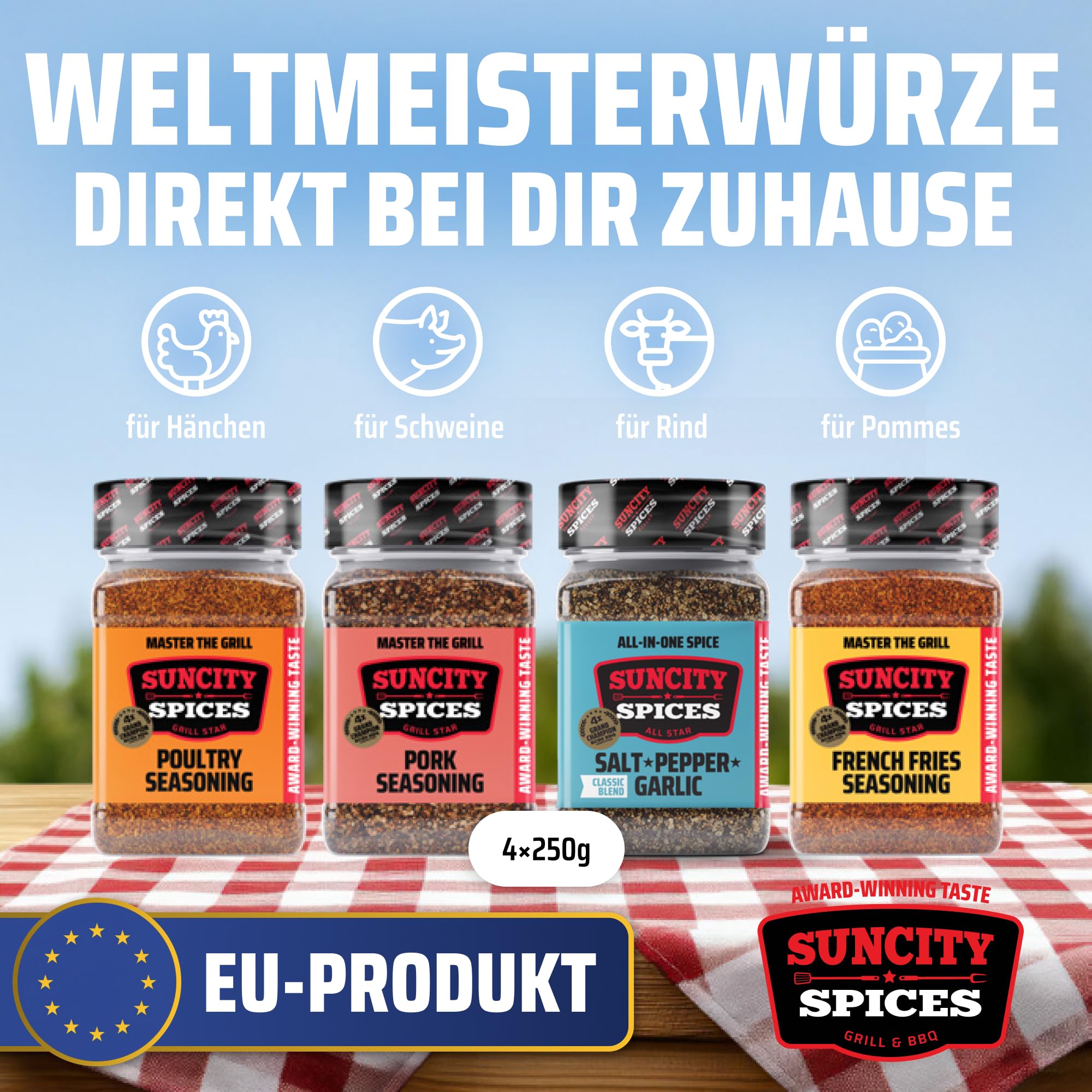SunCity BBQ Rubs Geschenkset – 6x 250g Gewürzmischung für Pulled Pork, Ribs, Brisket & Chicken – BBQ Rub Set mit Paprikapulver & Gewürzen – Grillgewürz (6 x 250g, BBQ Box)