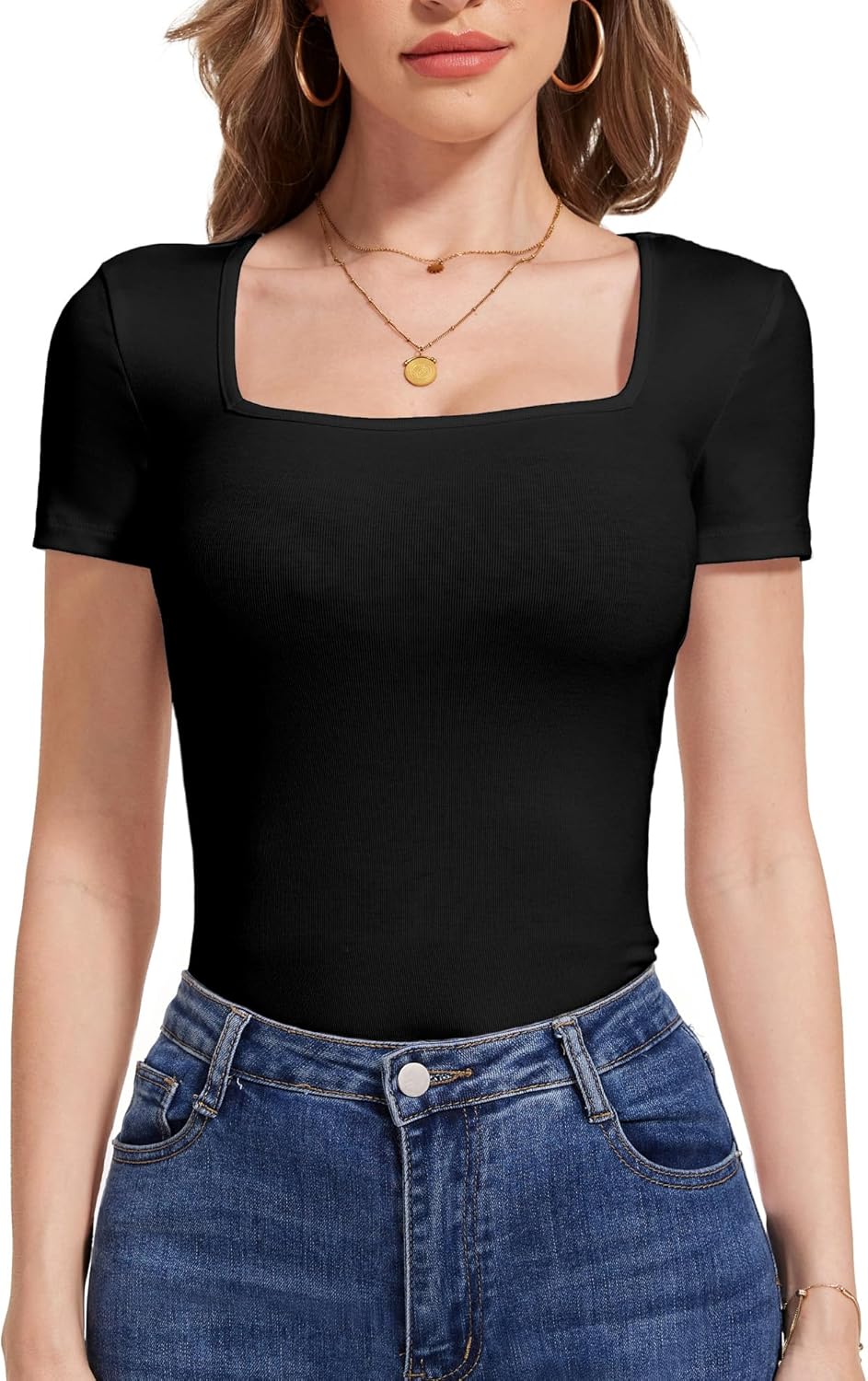 Womens Short Sleeve Square Neck Tops Slim fit T Shirts Sexy Cute Dressy Casual Summer Top Basic Tee Tshirt Blouse