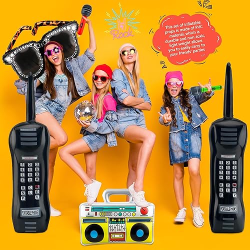 Miniatura 5 de 10 piezas de accesorios inflables de los años 80 y 90, incluye radio inflable Boombox, teléfono móvil inflable, lentes inflables para decoraciones