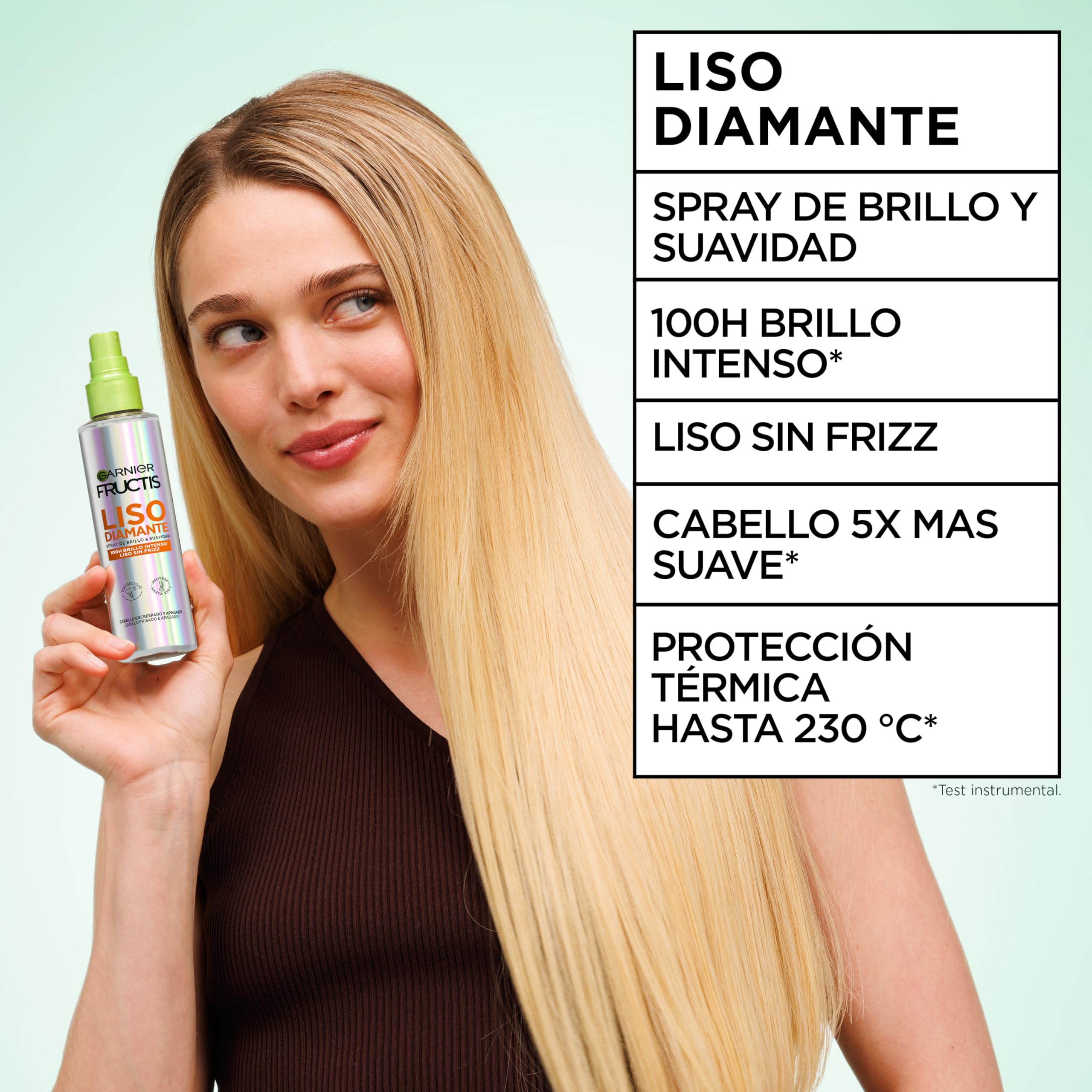 2 x Garnier Fructis Liso Diamante Spray de Brillo y Suavidad, 100H de Brillo Intenso*, Liso sin Frizz. Con complejo alisador de keratina vegetal y aceite de argán. Aprobado por Cruelty 150ml